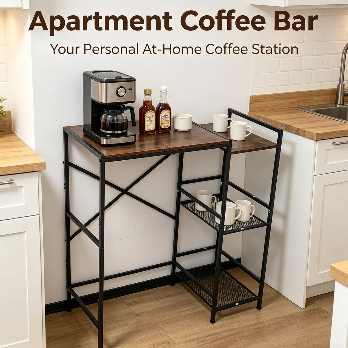 Mini Fridge Stand with Storage Shelves, Upgraded 3-Tier Mini Fridge Cabinet Stand Baker Rack for Microwave Coffee Maker Heavy Duty Metal Wood Desk For Dorm,Kitchen, Apartment, 33.4Wx15.7Dx37.2H, Brown