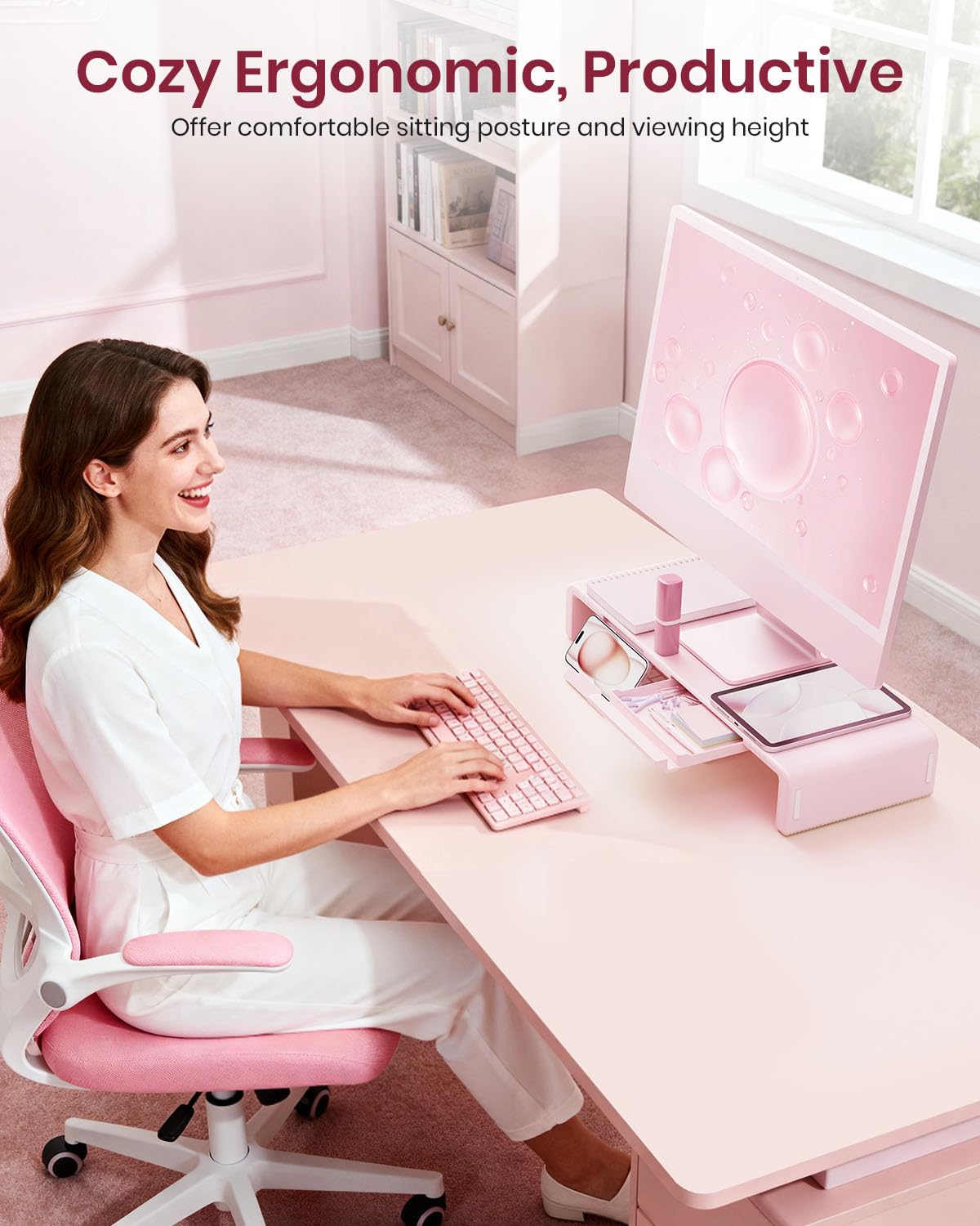 Pink Monitor Stand Riser, Klearlook Foldable, Height Adjustable Computer Stand, Desk Shelf Riser with Storage Drawer &Tablet Phone Stand for Desktop, Laptop