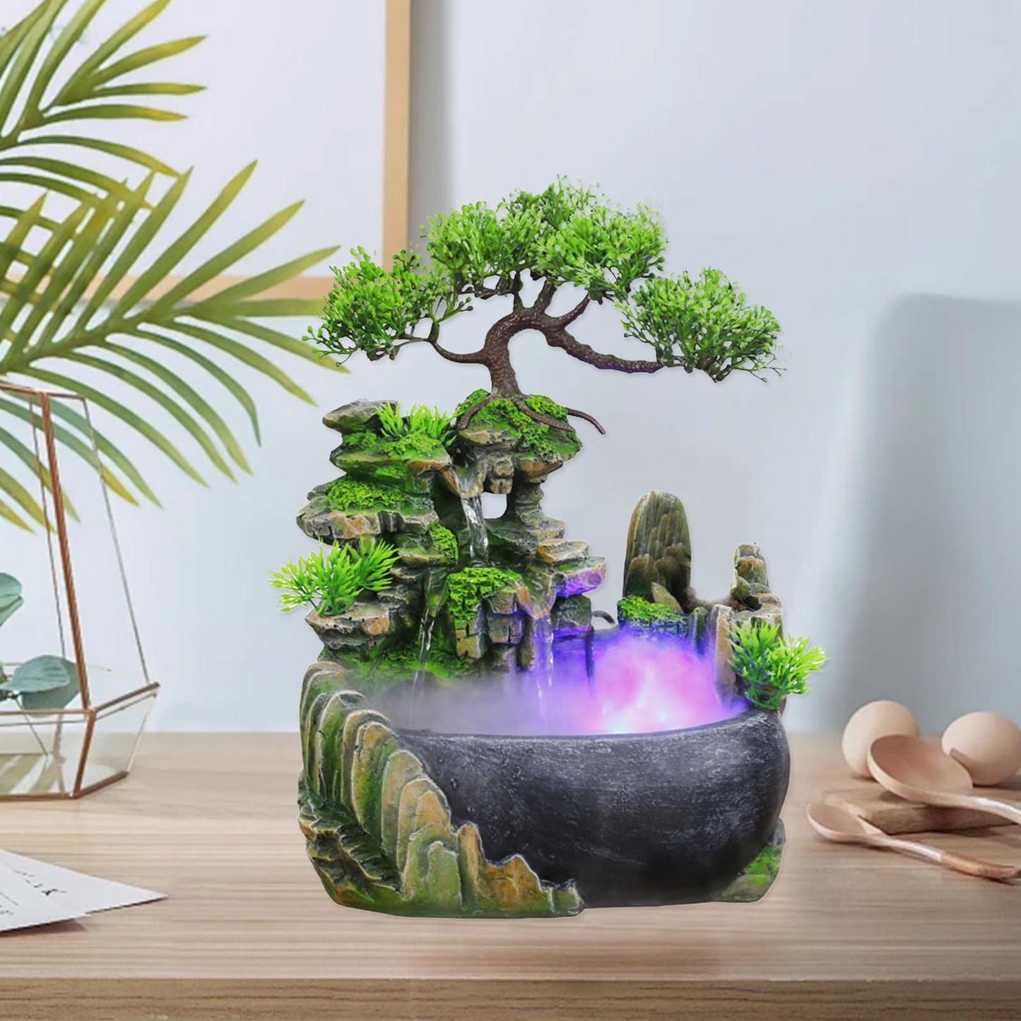 11-Inch Tabletop LED Waterfall Fountain with Atomizer – Quiet Resin Rockery Mist Humidifier for Bedroom, Office, Meditation or Gift Décor