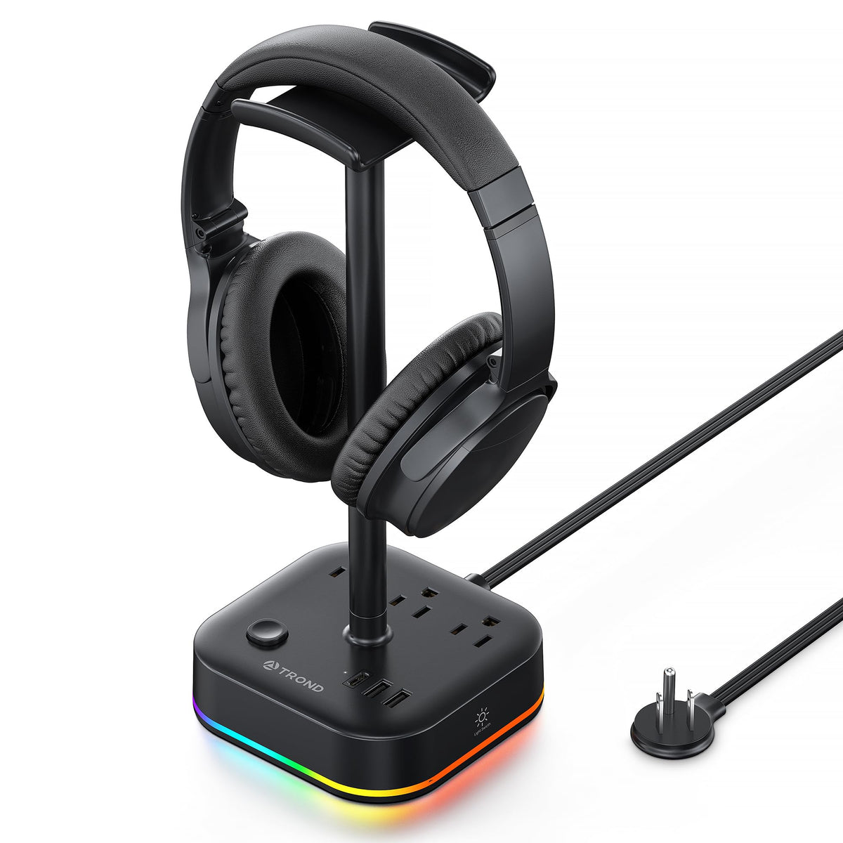 TROND Headphone Stand with USB C, Desk Gaming Headset Holder with 3 AC Outlets, 2 USB-A and 1 USB-C, Headset Stand with 5 RGB Light Modes, for Gaming Desk Accessories Gamer Boyfriend Gifts