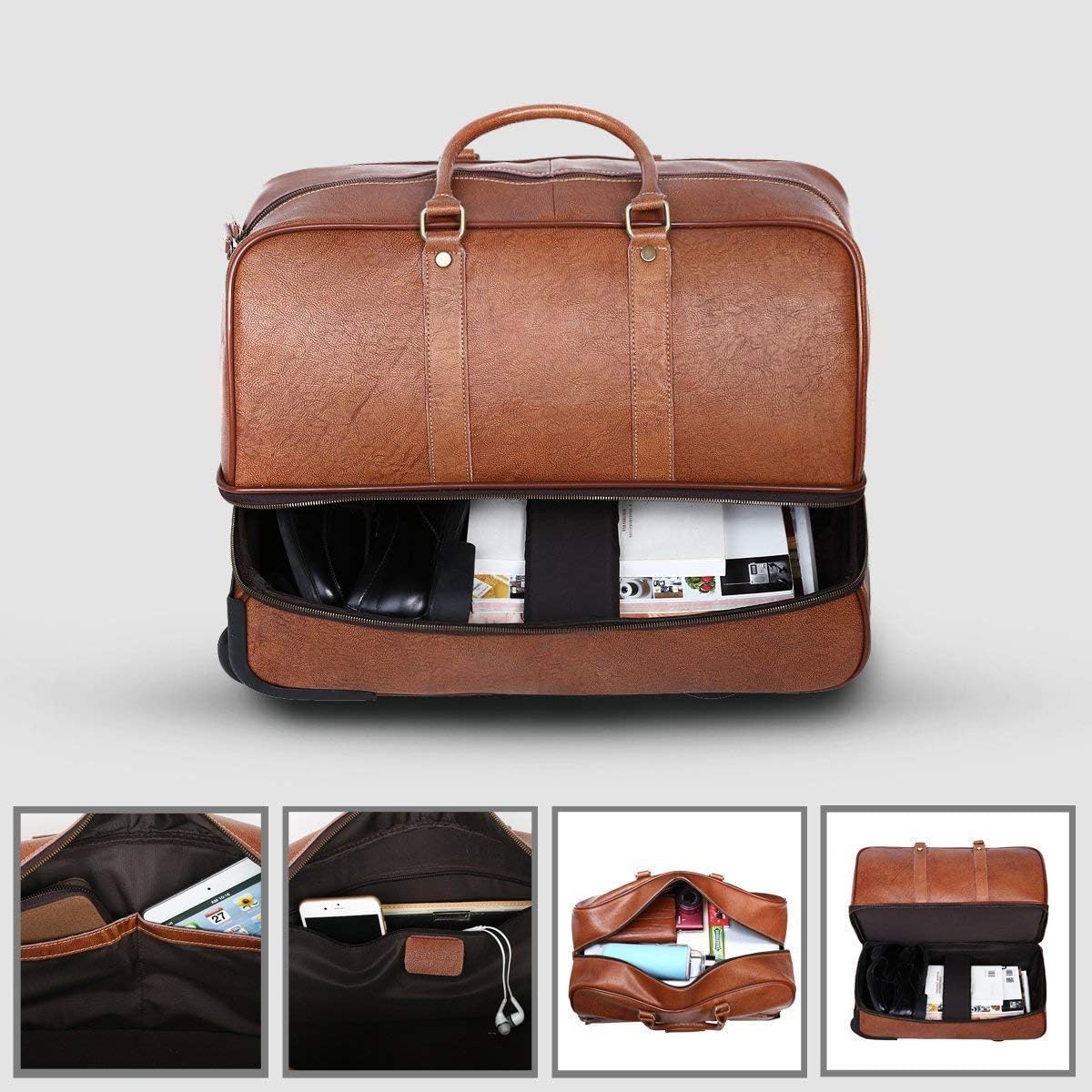 Leathario Leather Luggage travel duffle bag weekend overnight bag rolling suitcase
