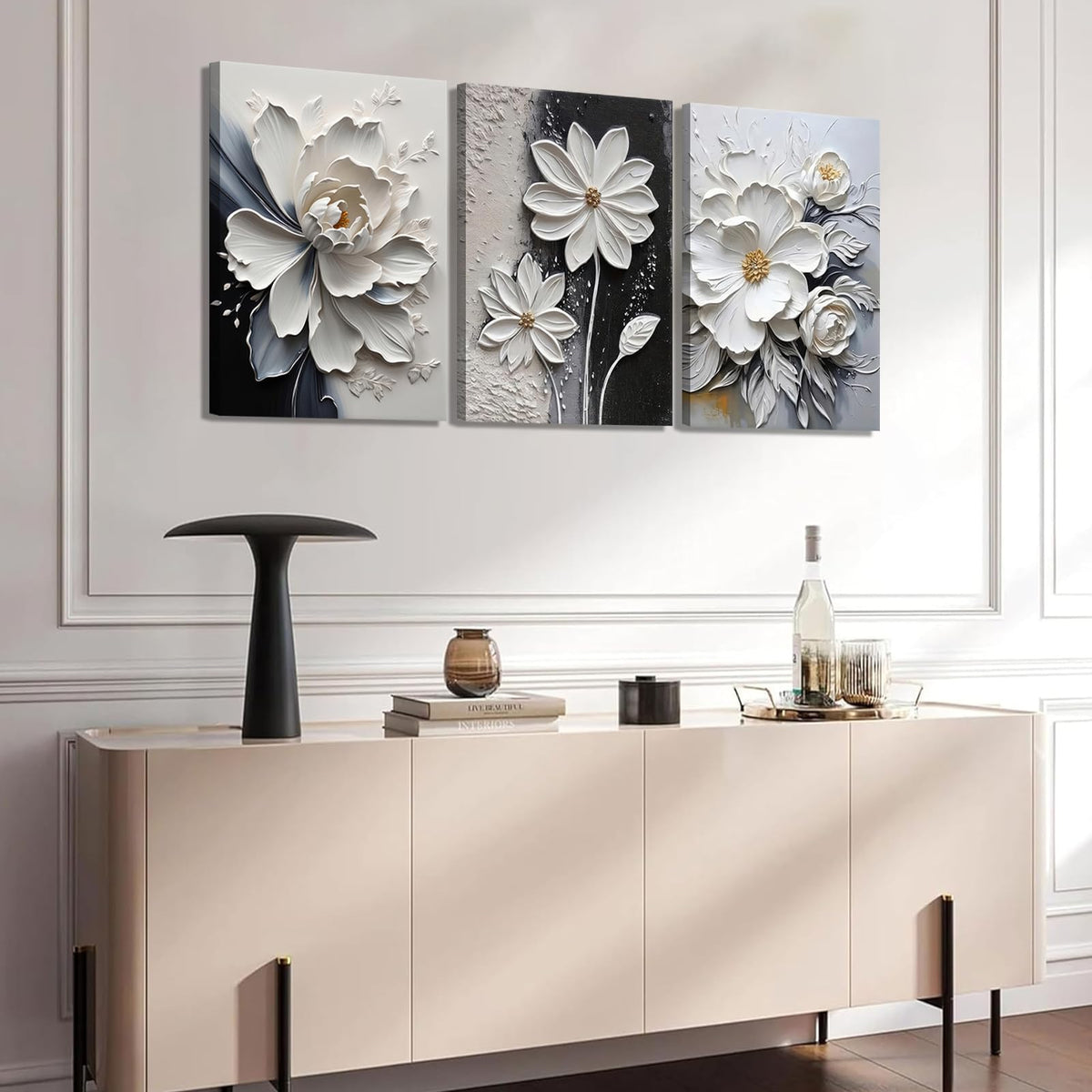 3Pcs Modern Abstract Floral Canvas Wall Art White and Black Flowers Wall Decor Pictures Elegant Daisy Poster Print Paintings for Office Living Room Bedroom Bathroom Home Decoration 12"x16"