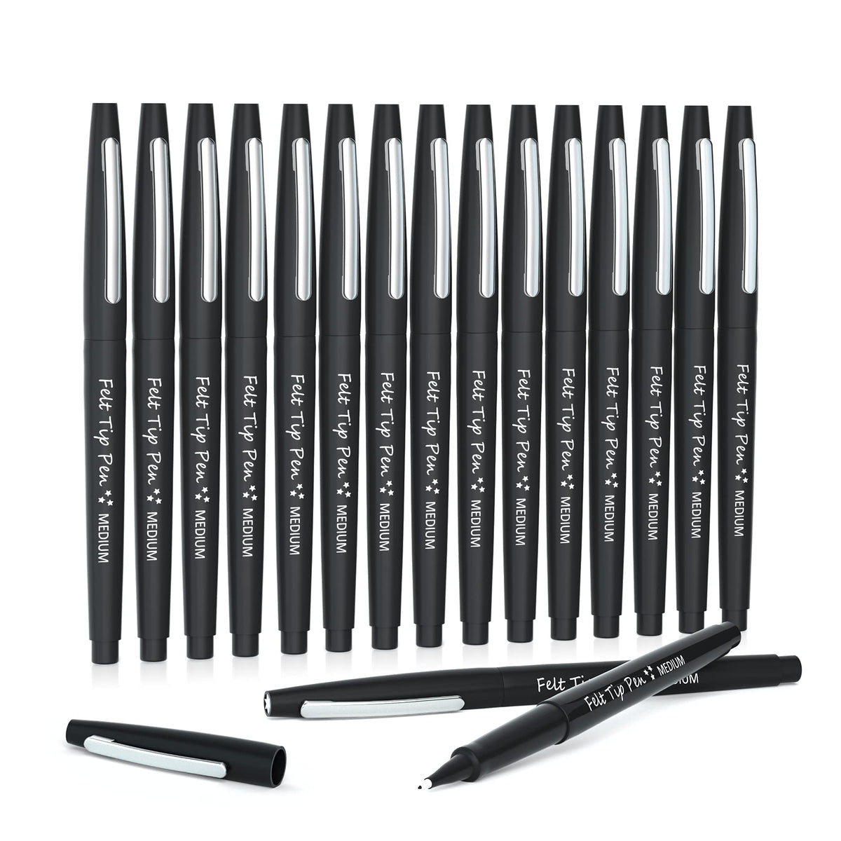 Lelix Felt Tip Pens, 15 Black Pack, 0.7mm Medium Point, Felt Tip Markers Pens for Journaling, Writing, Note Taking, Planner, Perfect for School Office and Art Supplies