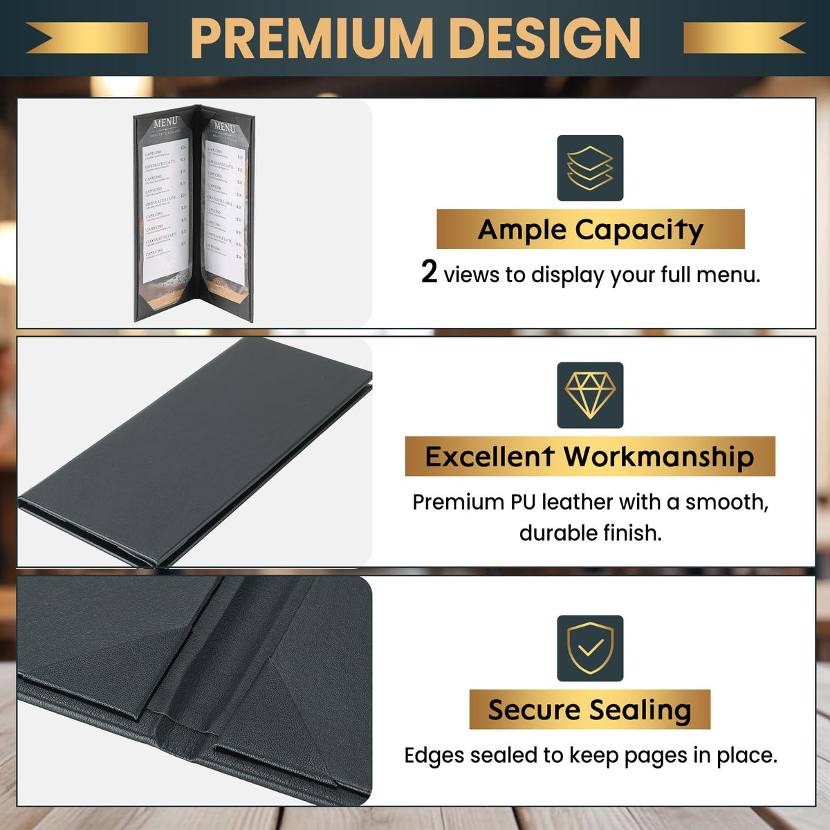 AMGSH 12 Pack 2 View Menu Holder Menu Covers 4.25" x 11" | Black Leather Menu Sleeves Book Style for Restaurant Coffee Bars Wine List