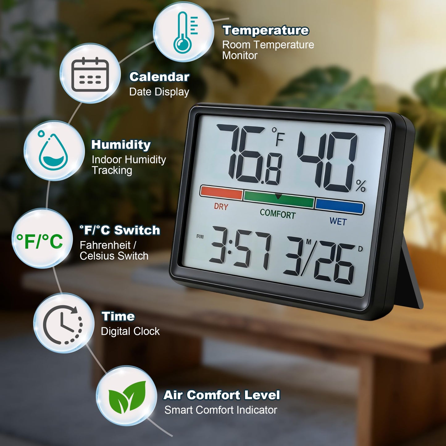 Luzsco Digital Hygrometer Indoor Thermometer, Clock with Temp & Humidity, Temp Gauge with Comfort Indicator, Wall/Magnetic/Desk Alarm Clock for Bedroom, Baby Room, Office, Kitchen, Garage (Black)