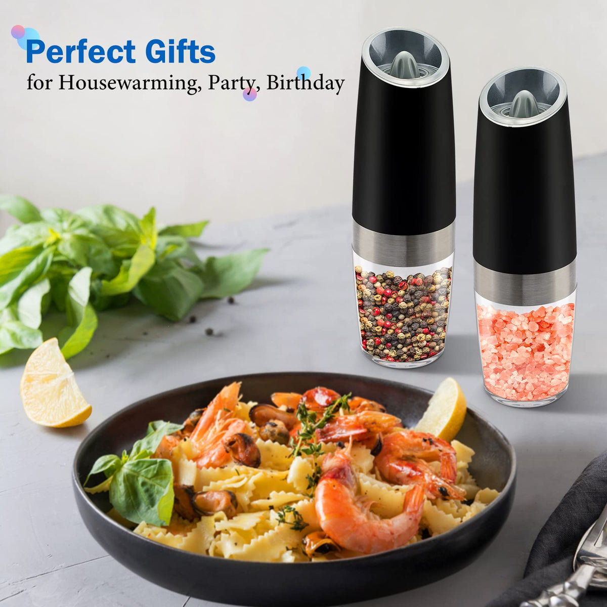 Gravity Electric Salt and Pepper Grinder Set, Battery Powered LED Light One Hand Automatic Operation, Adjustable Coarseness Mill Grinders Shakers Black (A.Black 2p)
