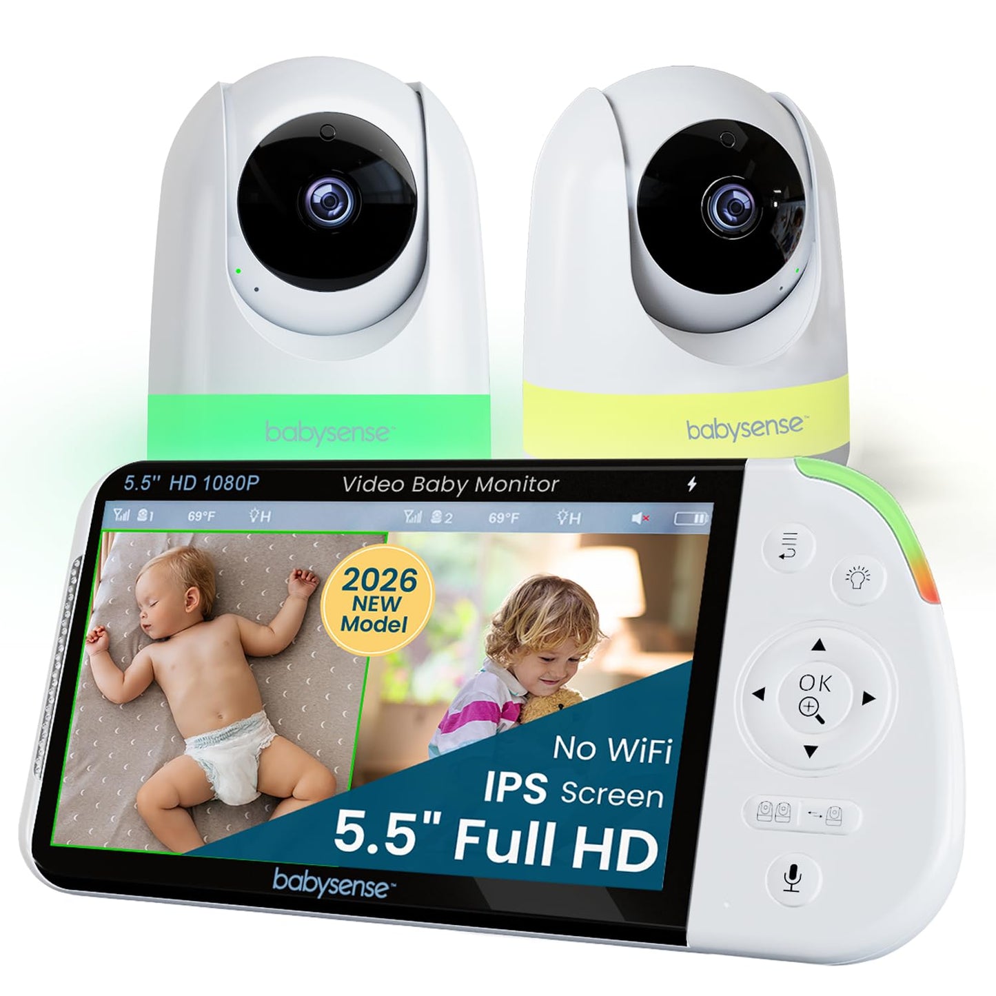 Babysense PRO Full HD 5.5" Split Screen Baby Monitor with 2 Cameras, 6-Color Night Light, White Noise, Sound & Light Machine, 20-Hour Battery, Hack-Proof Non-WiFi Secure Connection