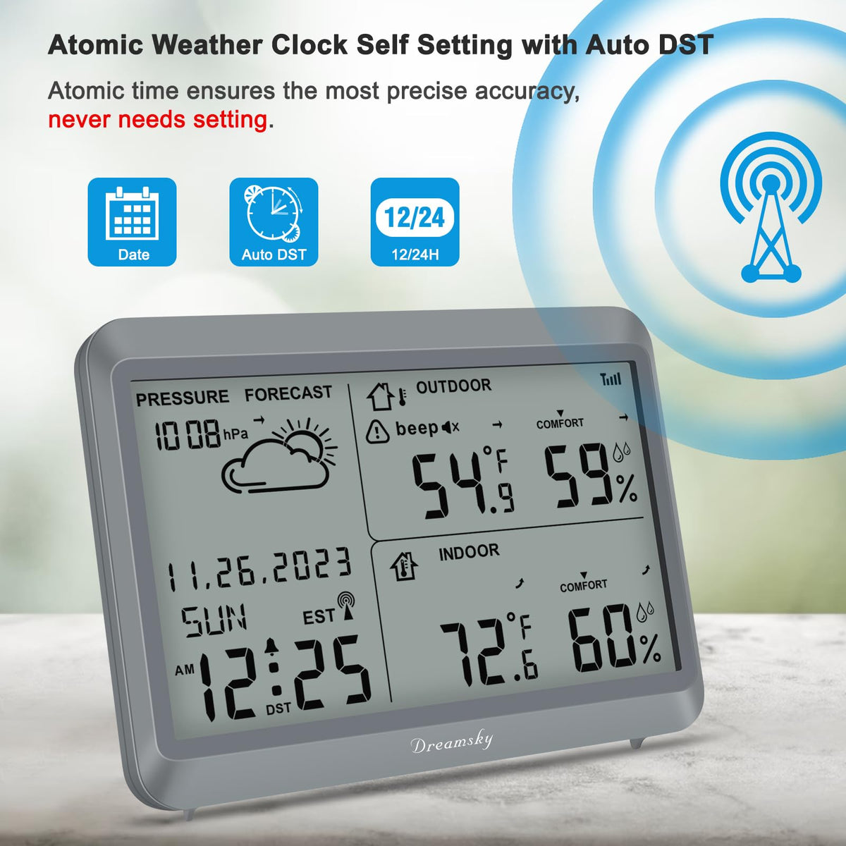 DreamSky Weather Station Indoor Outdoor Thermometer Wireless - Atomic Clock with Indoor/Outdoor Temp, Date & Day, Battery Powered, Home Weather Forecast Clock with Inside Outside Temperature Humidity