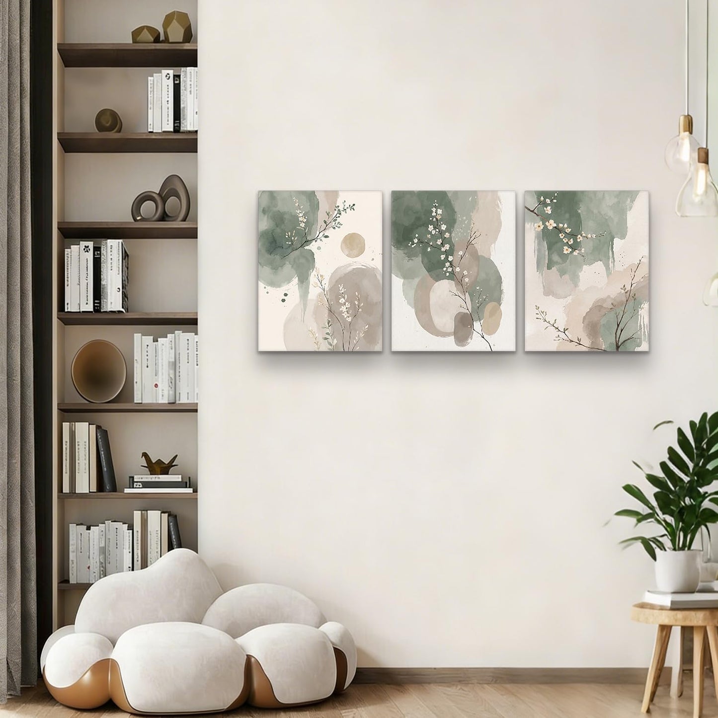 Framed canvas floral wall art neutral colors hazy feel botanical print poster gallery style painting print for living room bedroom bathroom office 16x24 inch 3-piece set.