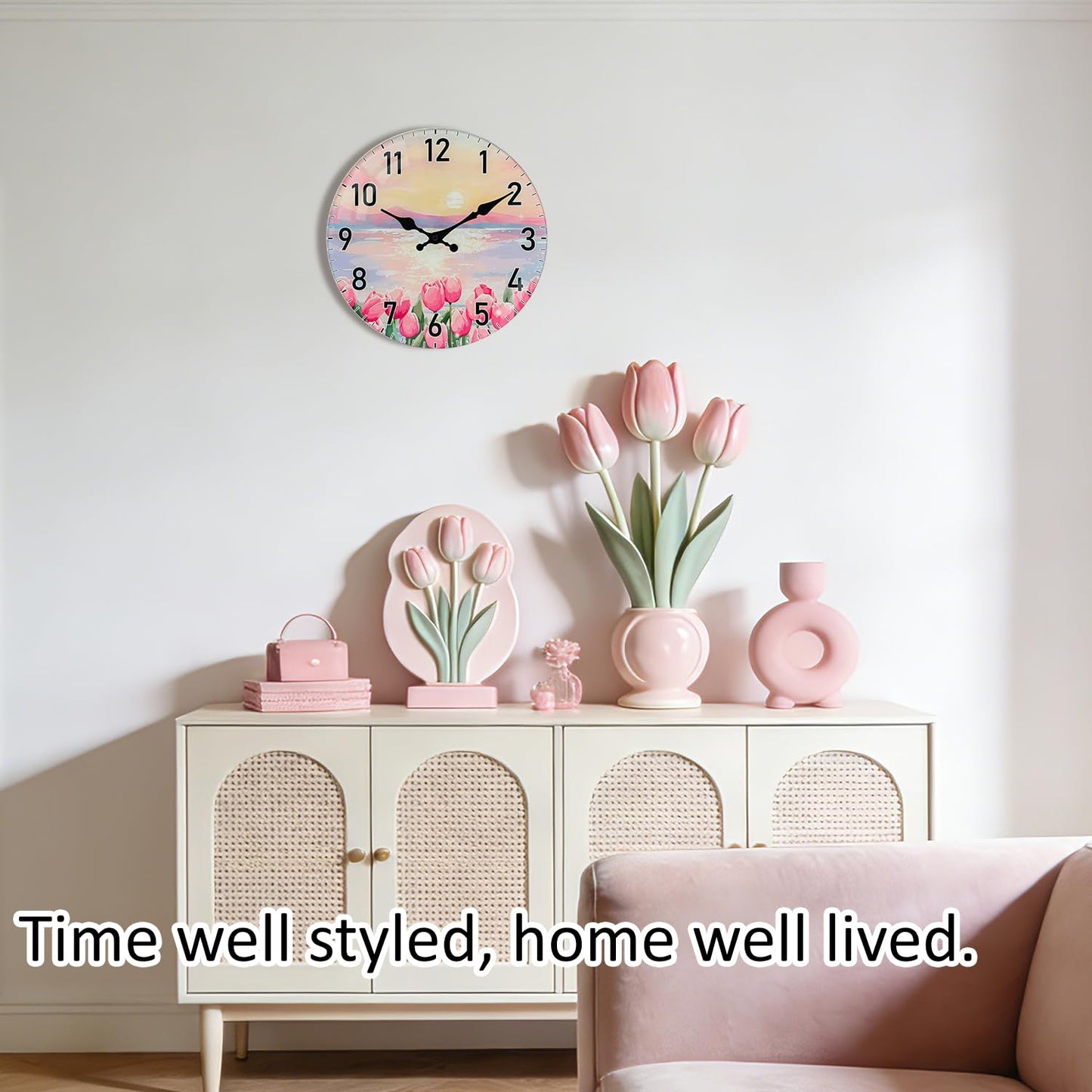 TGHHPC 12-Inch Spring Tulip Sunset Wall Clock, Silent Non-Ticking Battery Clock with Premium Glass Silent Movement Large Number Clocks for Romantic Bedroom Relaxing Living Room Office Kitchen Hotel