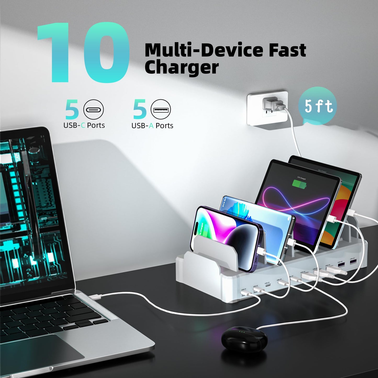 420W Charging Station for Multiple Devices, Zobirez 10-Port USB C Fast Charger Stations for MacBook, iPhone, Android Cell Phone, iPad, Tablet, Family Multi-Device Organizer Charging Dock, White