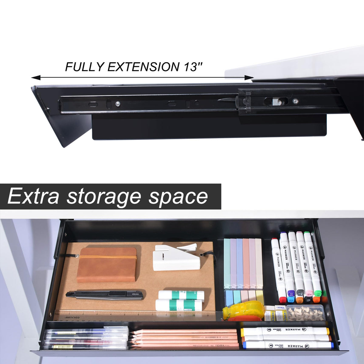 Gaxomo Large Under Desk Mounted Sliding Drawer with Pencil Tray and 60 Degree Tilt Panel to Pull Out, 22'' Long & 13'' deep Large Storage Organizer for Sit Stand Workstation