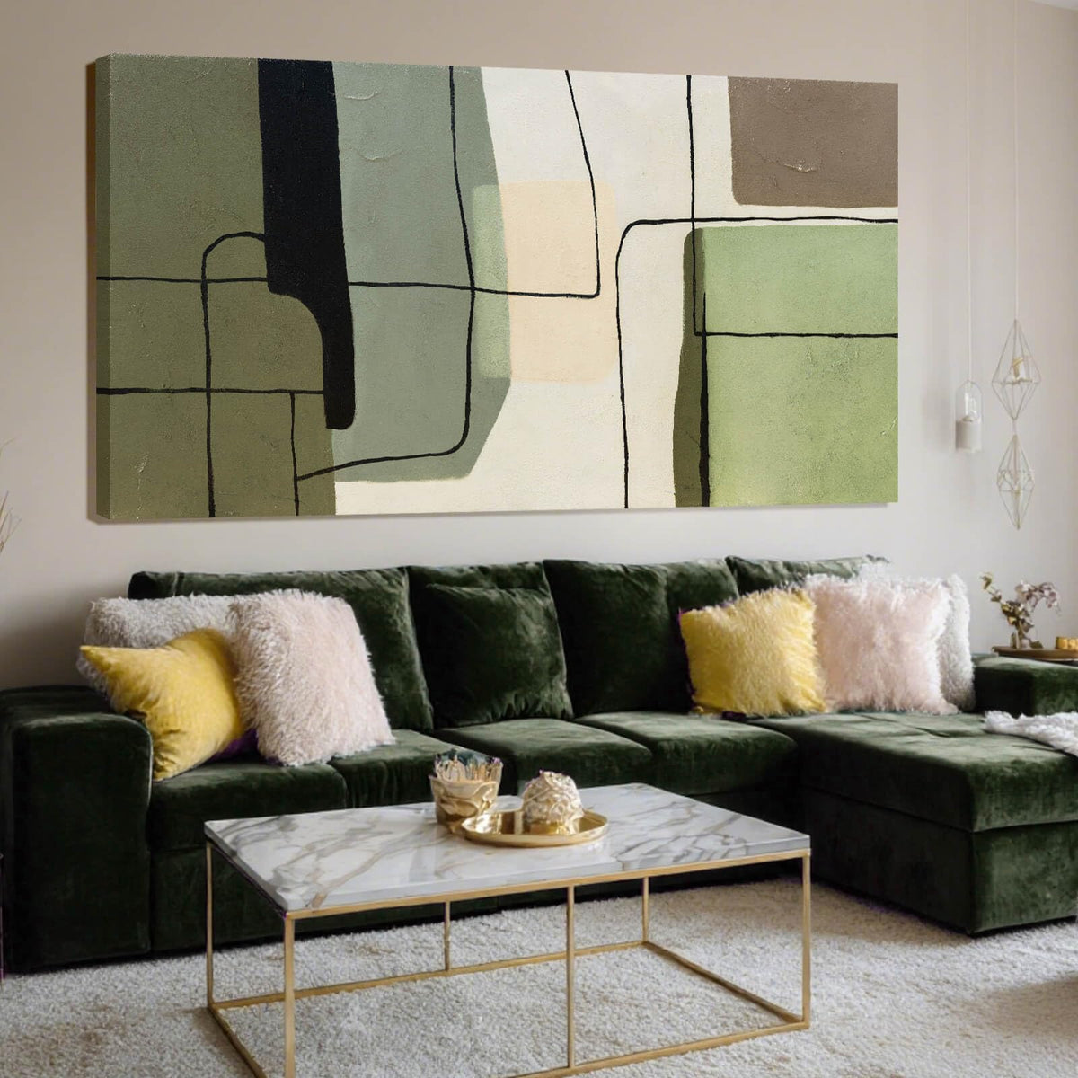 ZENPEE Green Modern Wall Art and White Canvas Art, Large Abstract Wall Art for Office, Dining Room, Bedroom, or Living Room, 29" x 58"