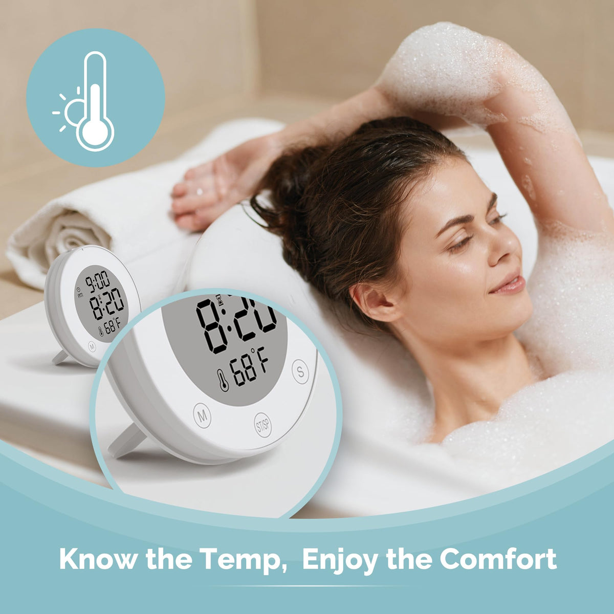 KADAMS Shower Timer Clock Waterproof Bathroom Timer – Digital Wall Clock with Countup Countdown, Magnetic Kitchen ClockTimer with Temperature, Suction Cup Kids Shower Spa Cook Bath (3.54, Pearl White)
