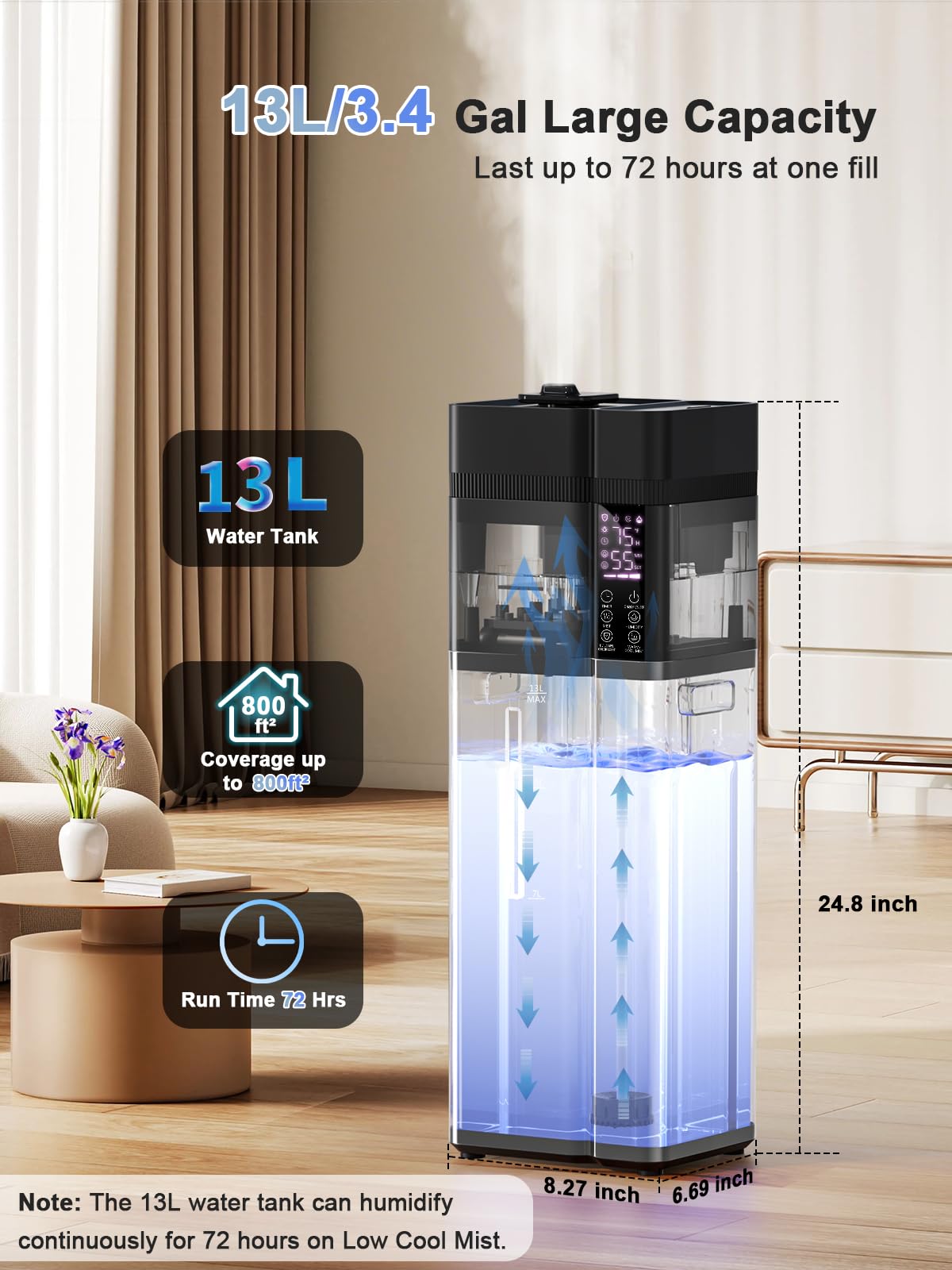 Zeova 13L/3.4Gal Humidifiers for Bedroom, Ultrasonic Warm & Cool Mist Humidifier Large Room, Covers 800ft², 72H Runtime, 24H Timer, 3 Mist Modes Top Fill Quiet Humidifiers for Home, Office, Black