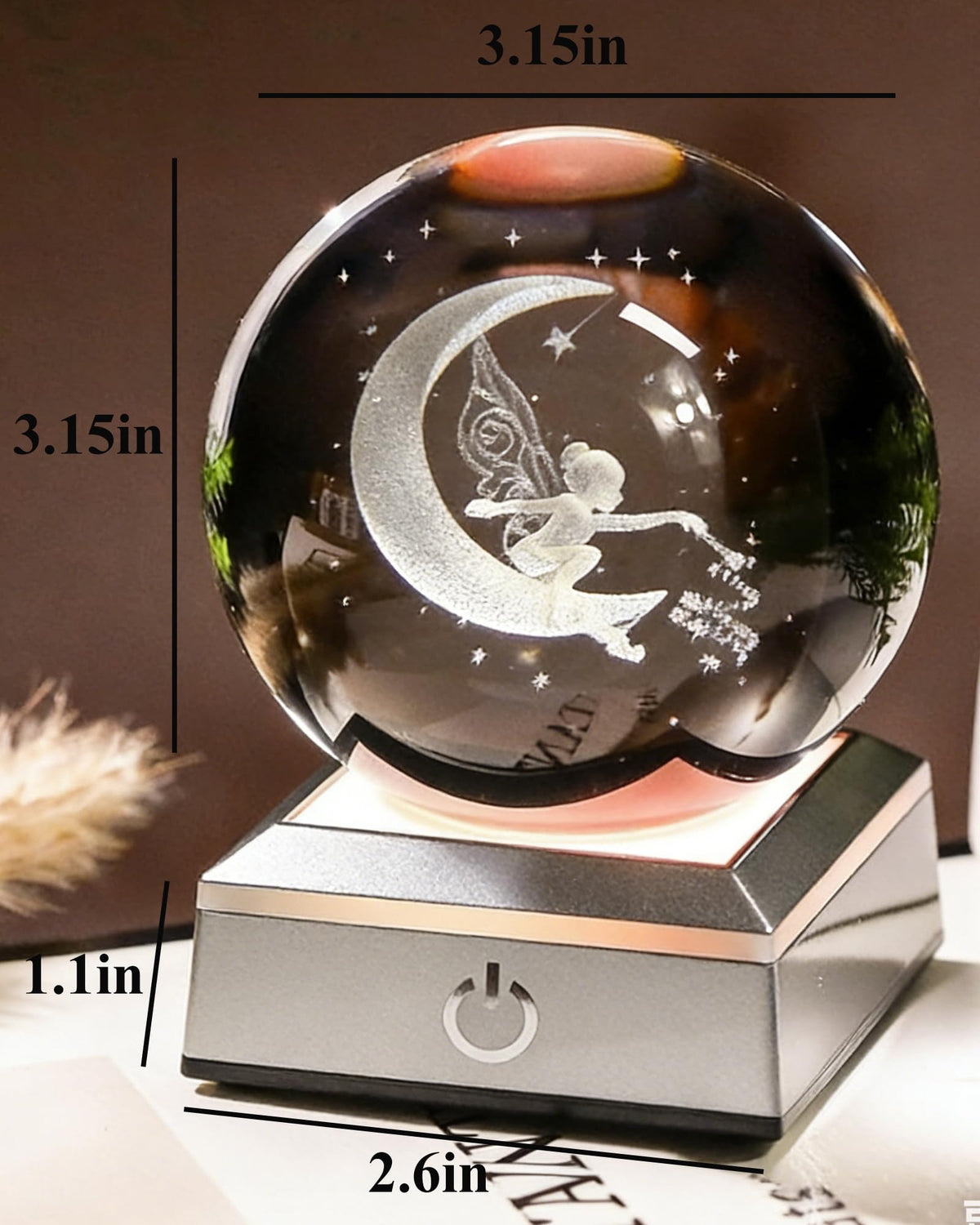 Crystal 3D Fairy 3.15in Glass Sphere Figurine Gifts for Women With LED Base