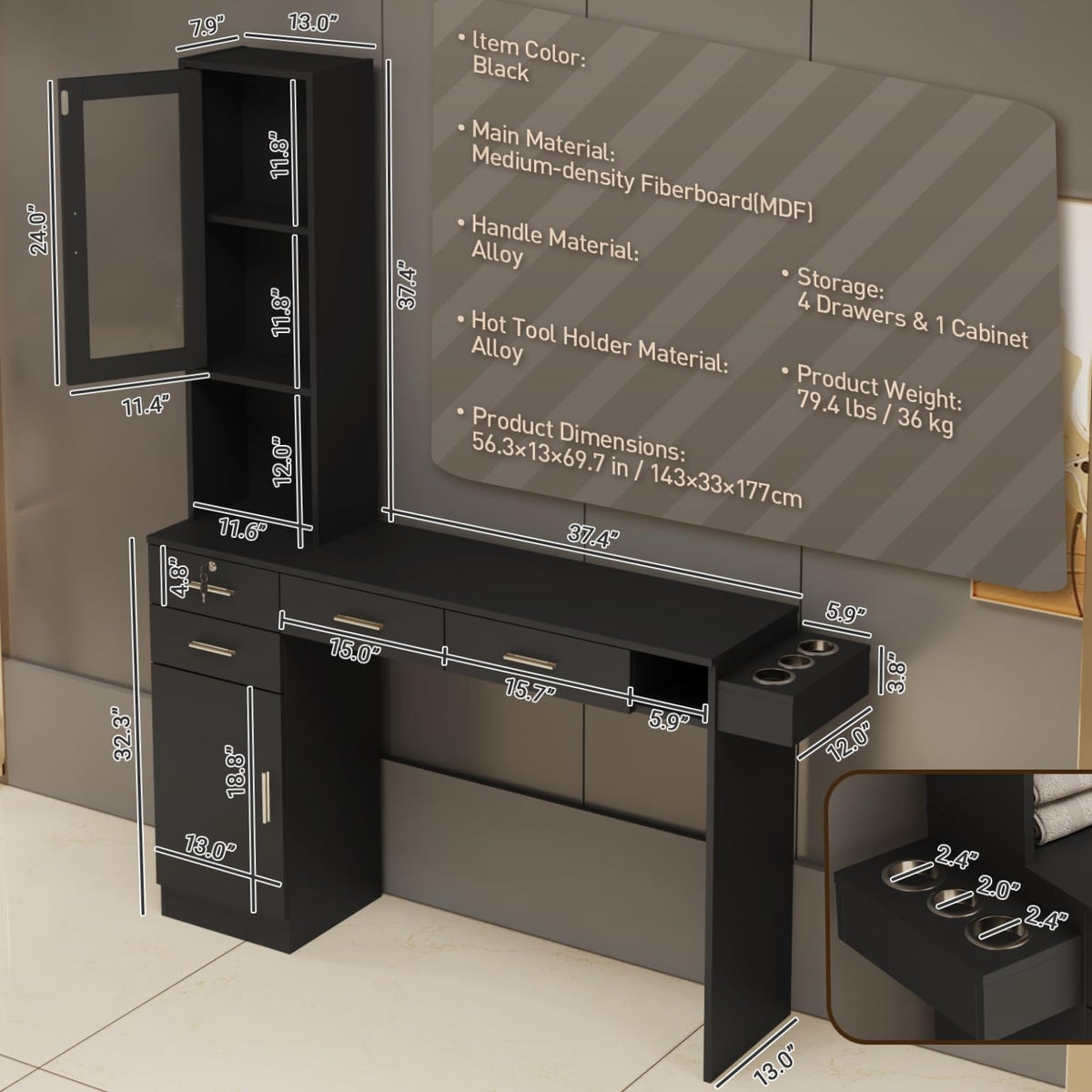 HolaiNail Salon Station for Hair Styling, Wall Mount Barber Salon Cabinet with 3 Hair Dryer Holders, Drawers & Shelves, Beauty Spa Storage Equipment Salon Furniture Without Mirror, Black