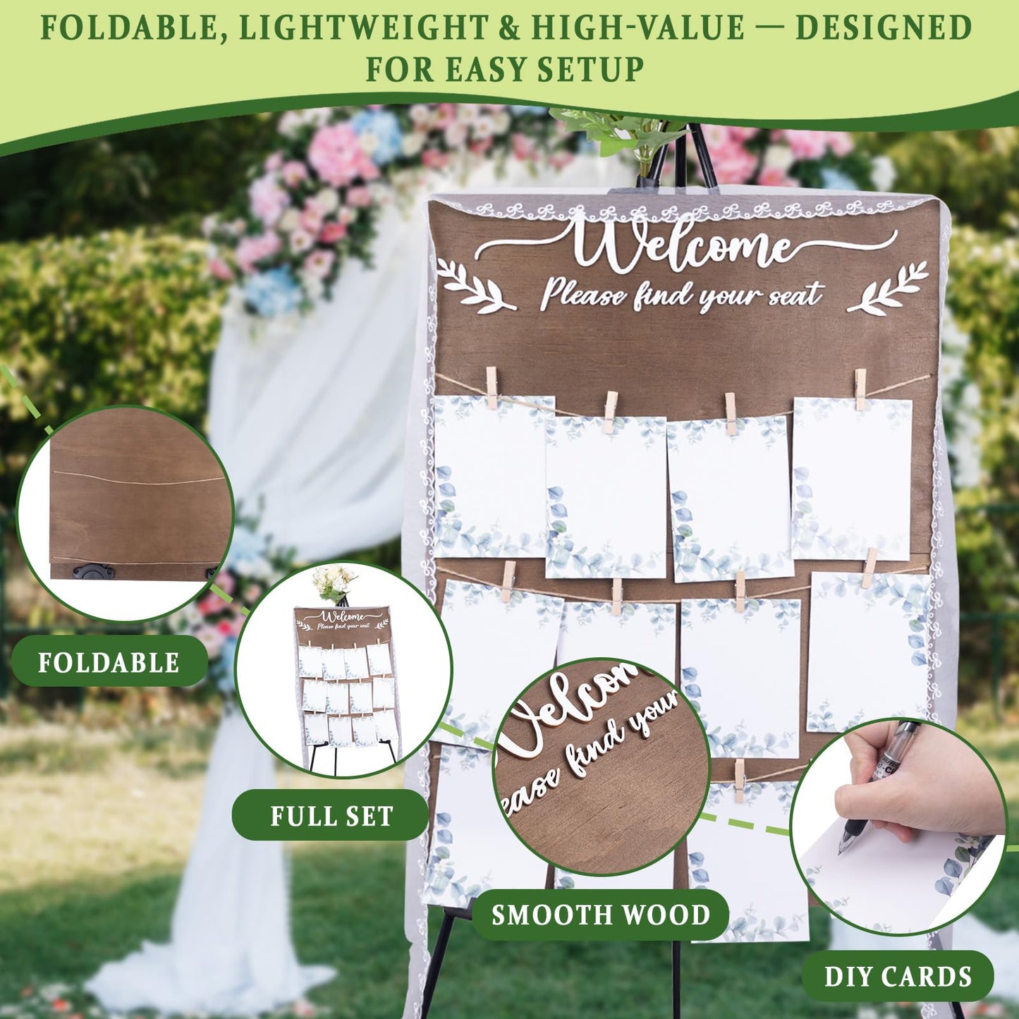 Wooden Wedding Seating Chart Board, Two Connectable Panels (23.7"×17"), 0.32" Thick, Foldable Design with Metal Stand, White Lace Ribbon, Floral Décor, and 20 Cards for Ceremony & Reception