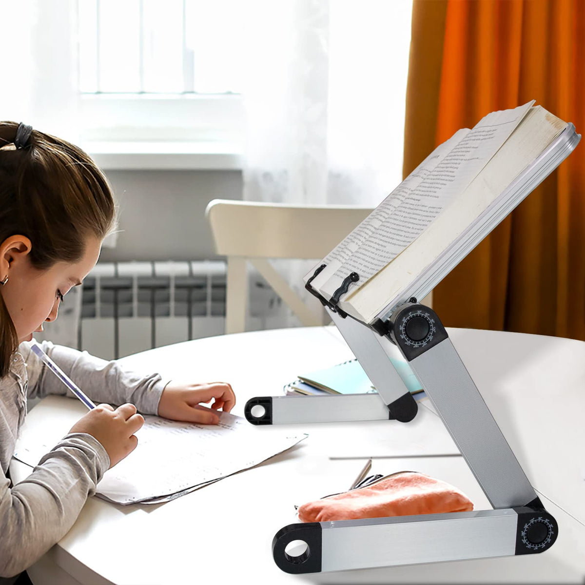 Extra Large Adjustable Book Stand for Bed and Sofa - Multifunctional Laptop Holder With Page Clips, Ergonomic Multi-Height Angles, Portable for Heavy Textbooks and Cooking