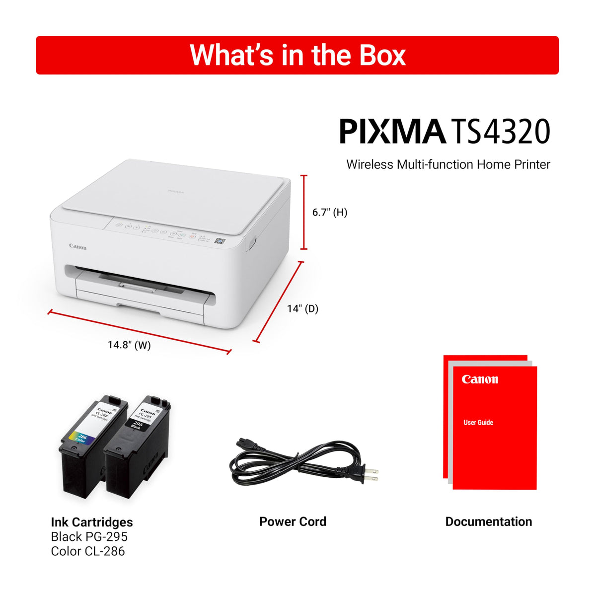 Canon PIXMA TS4320 Wireless Color Inkjet Printer for Duplex Printing, White – Home Printer with Copier/Scanner, Compact Design, Easy Setup, 1 Year Limited Warranty