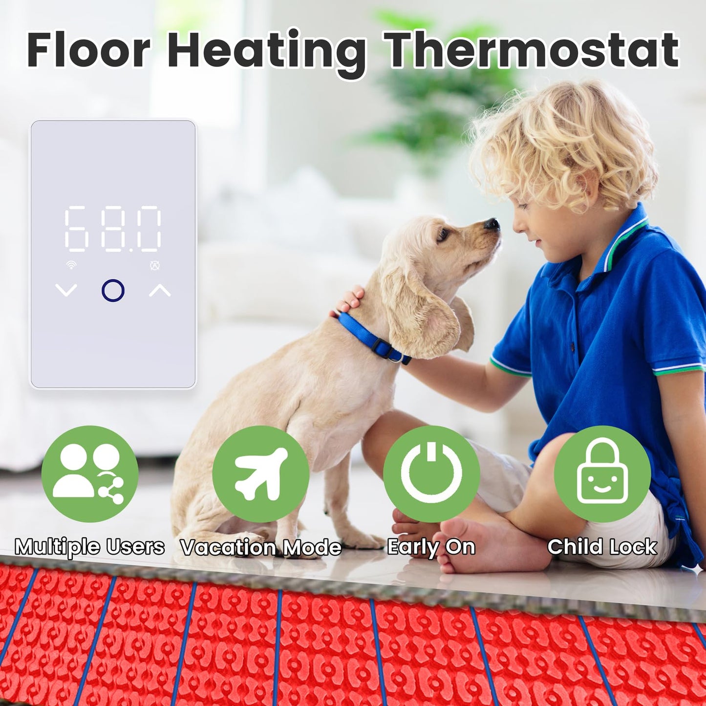 MAXKOSKO 1PC WiFi Smart Thermostat for Electric Floor Warming System with Touchscreen LED Display 120V/240V, Easy Connection & Energy Saving Home Programmable Thermostat White
