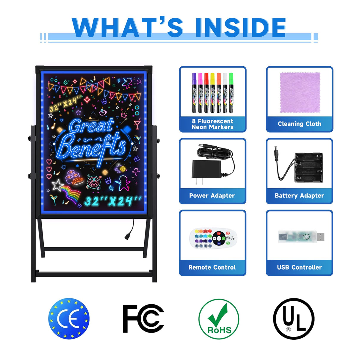 Hosim Standing A-Frame LED Message Writing Board, 32”x 24" Illuminated Erasable Neon Restaurant Menu Sign Board with 8 Colors Markers & 16 Lighting Colors DIY Chalkboard Light Up Sign