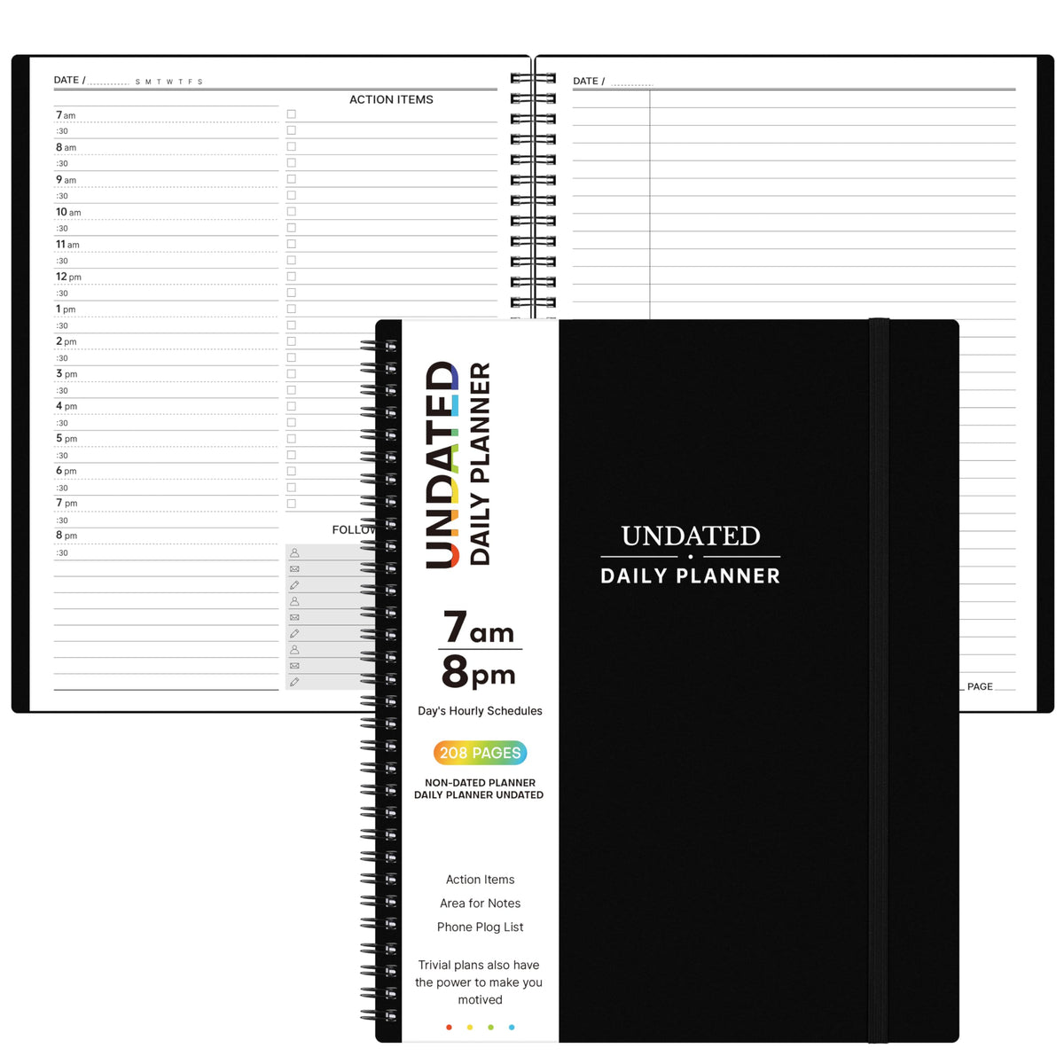 Daily Planner Undated - Spiral Appointment Planners, 208 Pages, 8.8" x 11", Daily Planner with Hourly Schedules, Appointment Book for Man/Women, Inner Pocket, Elastic Closure