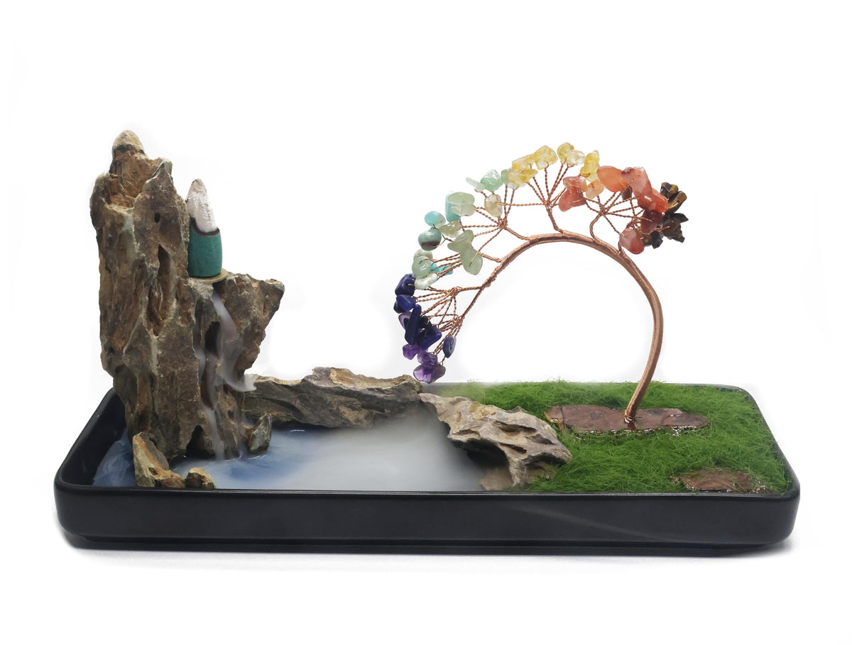Lavoio Chakra Backflow Incense Burner – Handmade Natural Stone Waterfall Fountain with 7 Chakra Crystals – Aromatherapy Decor for Meditation, Yoga & Home Ambience (chakra tree)