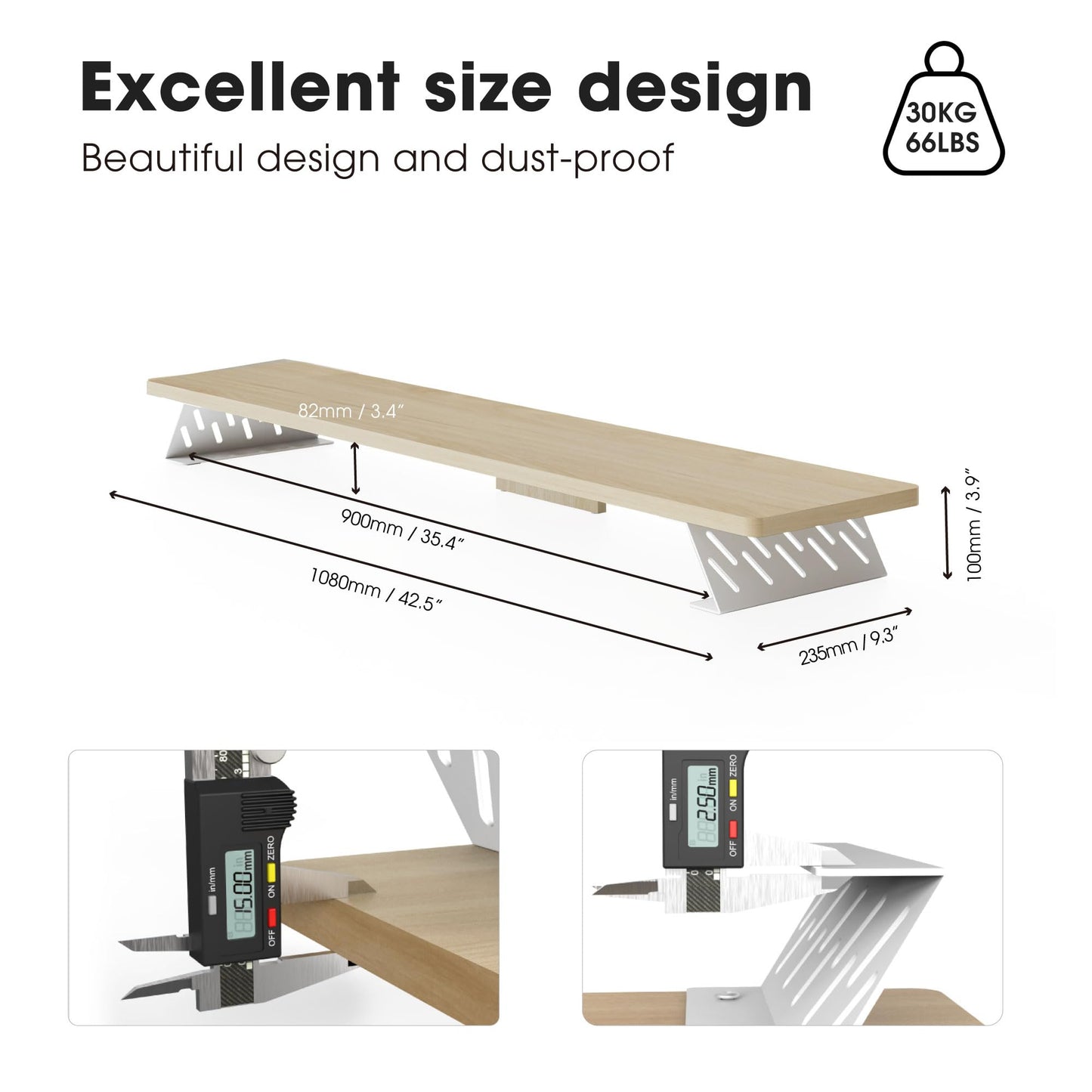 Fenge Dual Monitor Stand Riser, 42.5 Inch Desk Top Shelf for 2 Monitors, Computer Stands for Desk, Wood & Steel Desktop Riser for Laptop, PC, Printer