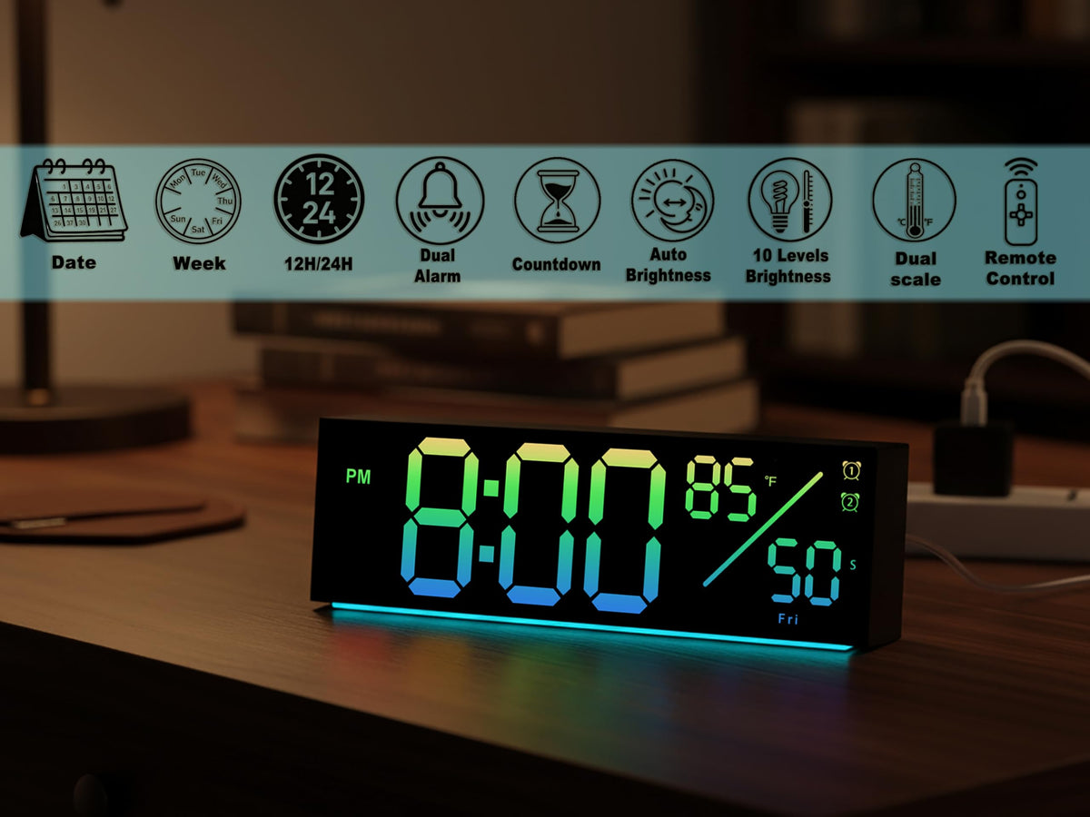 11-Inch LED Digital Wall Clock with RGB Flowing Light, Seconds,Date,Time,Temperature｜Large Clear Display, Countdown Timer,Dual Alarms,Remote Control｜Silent Modern Clock for Bedroom, Living Room,Office
