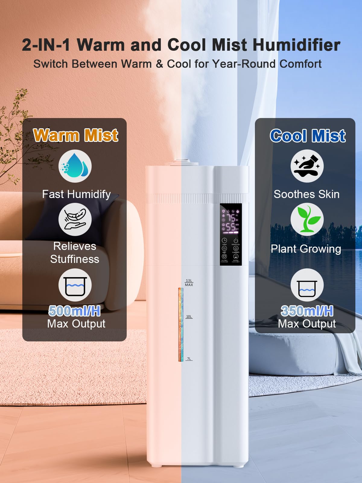 Zeova 13L/3.4Gal Humidifiers for Bedroom, Ultrasonic Warm & Cool Mist Humidifier Large Room, Covers 800ft², 72H Runtime, 24H Timer, 3 Mist Modes Top Fill Quiet Humidifiers for Home, Office, White