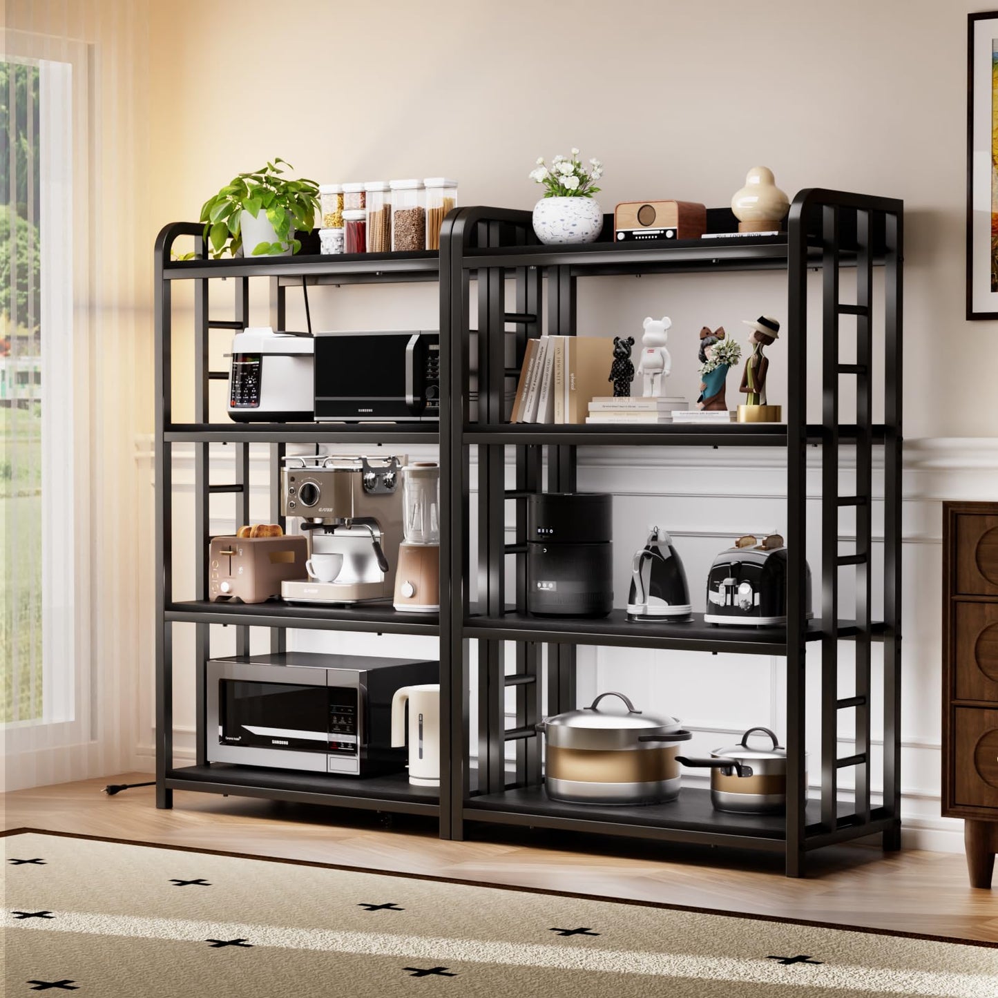 TIFFLOI Adjustable Bakers Rack with Power Outlet, 4 Tier Microwave Oven Stand, Heavy Duty Kitchen Storage Rack for Garage Dining Room, Black