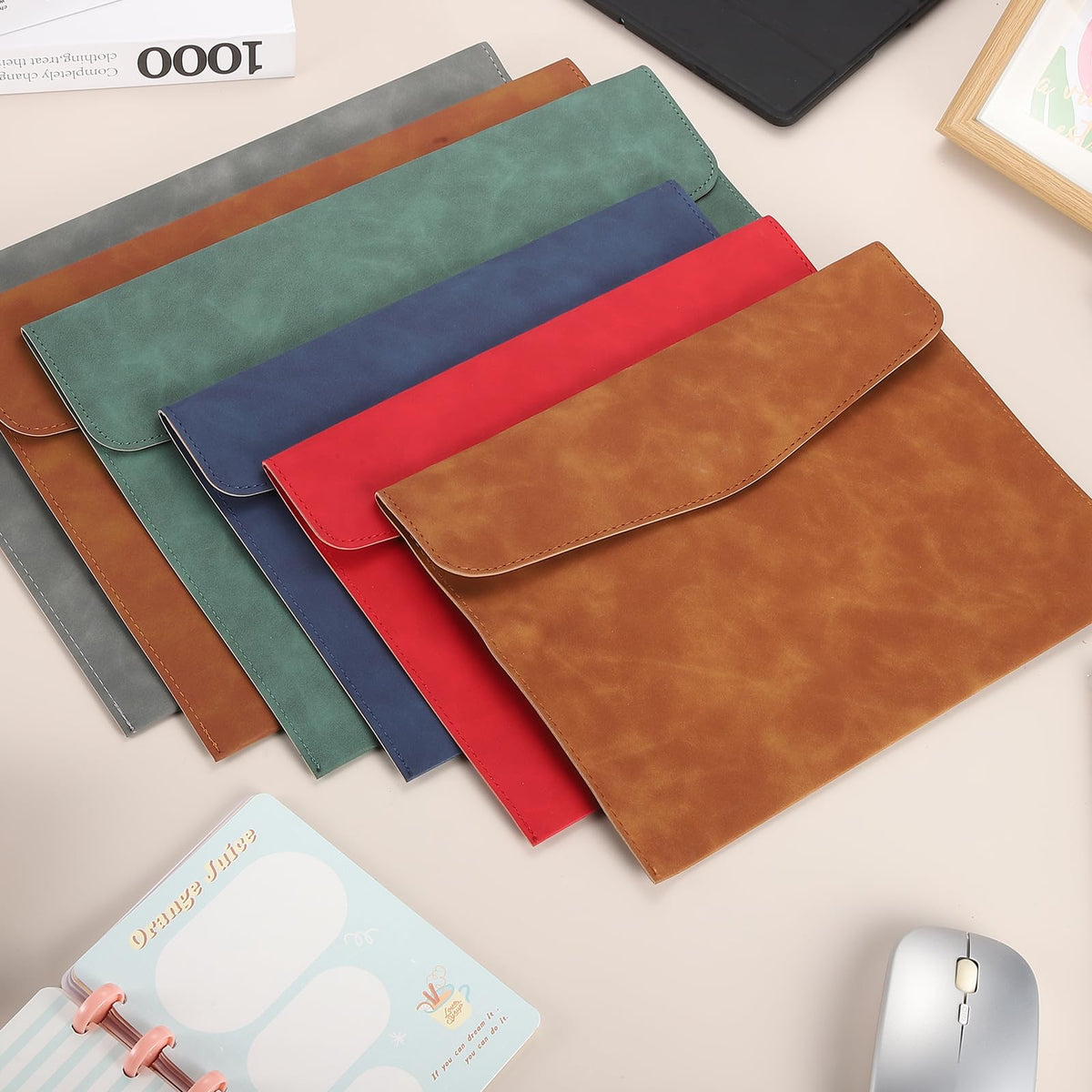 PATIKIL 2Pcs PU Leather File Folders, 13x9 A4 Document Holder Waterproof Envelope Folder with Snap Closure, Portable Portfolio Organizer Case for Paper Receipt, Gray/Green