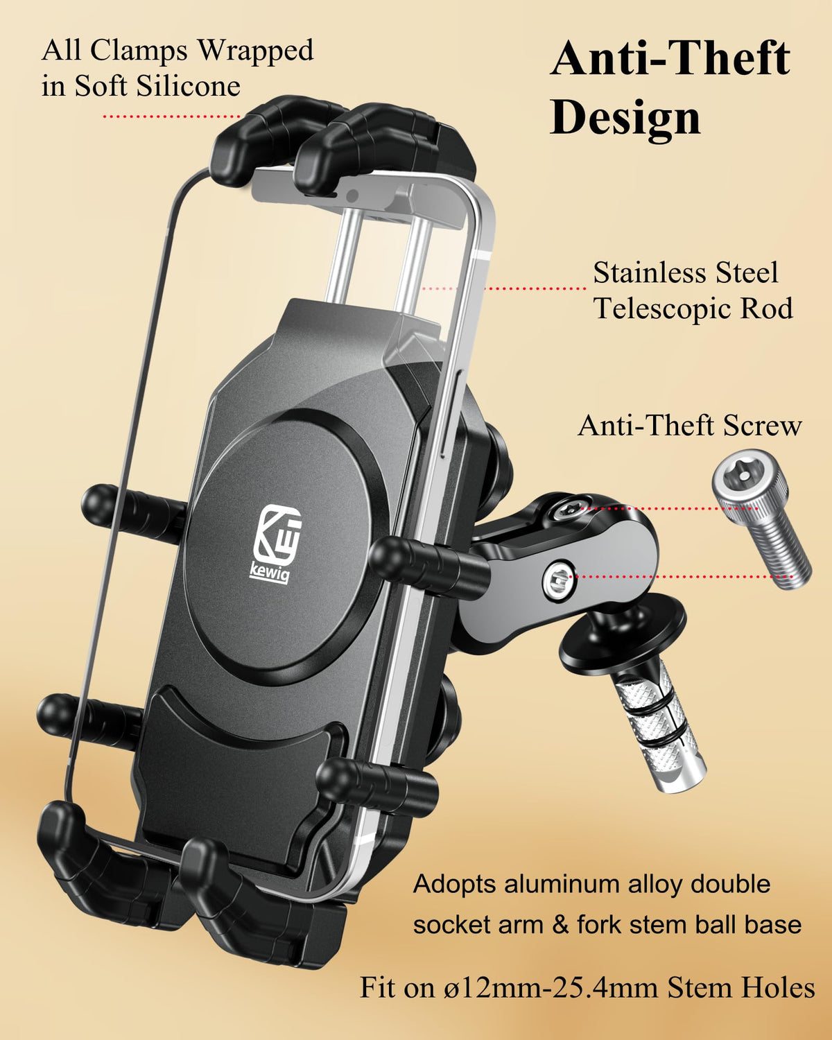 BRCOVAN Anti-Theft Motorcycle Fork Stem Phone Mount Holder with Vibration Dampener & High-Speed Secure Lock, Heavy Duty, Adjustable Size, Big Phone Friendly, Fit for 5.4-7.2'' Cellphone