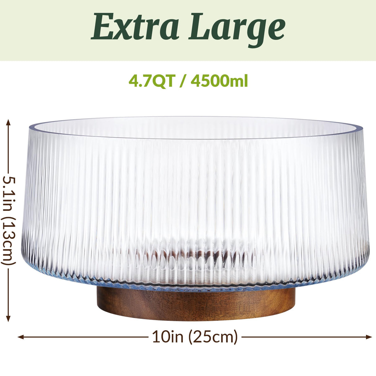 NiHome Extra Large Glass Salad Bowl with Natural Acacia Wood Base, Ribbed Design Oversized Capacity for Family Dinners, Parties, Multipurpose for Serving Salads, Fruits, Wine(Separate-Piece Design)