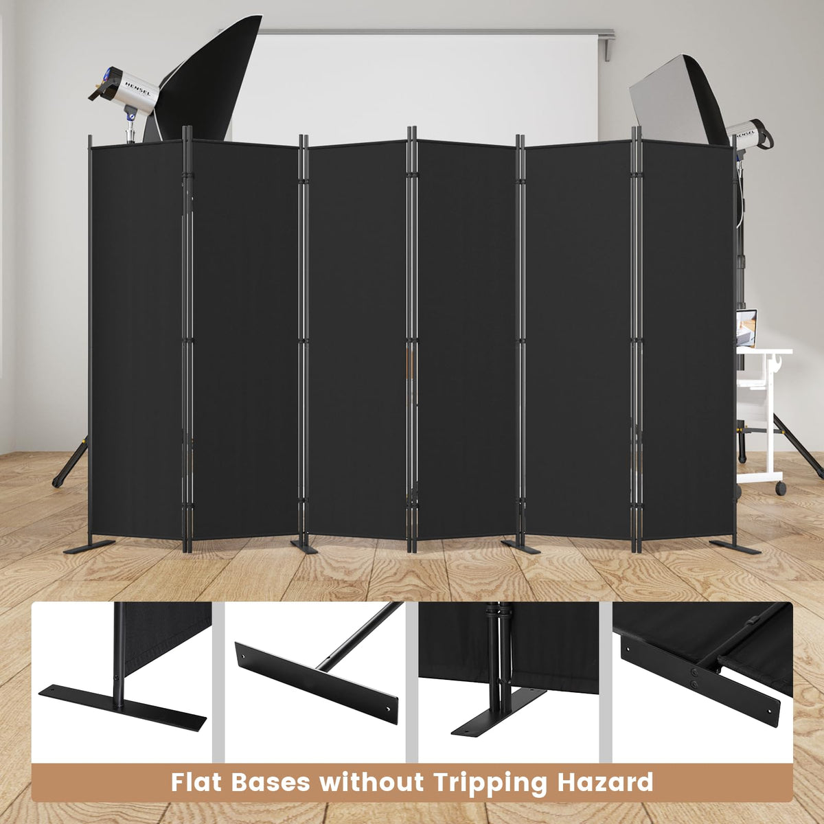 C-Hopetree 6 Panels Room Divider, 6 Ft Tall Indoor Folding Privacy Screen, Portable Partition Separator, Freestanding Separation Temporary Wall for Office, Bedroom, 120" W X 71" H, Black