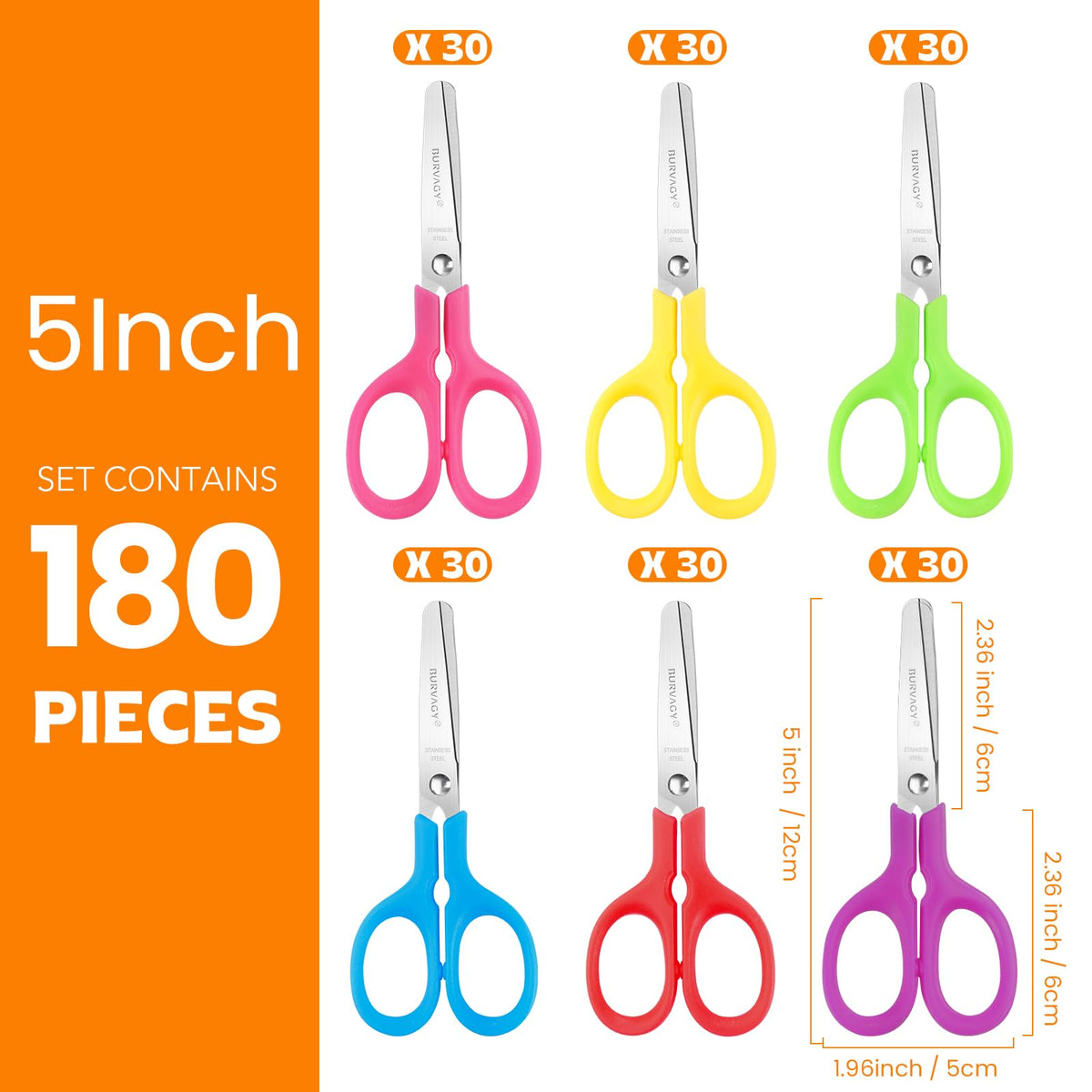 BURVAGY 180Pack 5" Small School Student Blunt Kids Craft Scissors, Sharp Stainless Steel Blades Safety Toddler Kid Child Comfort Grip Scissors Bulk for Children Cutting Paper
