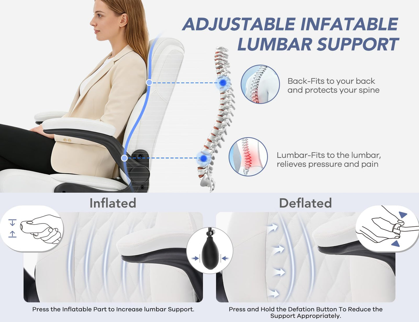 Office Chair with Adjustable Inflatable Lumbar Support,Leather Ergonomic Computer Desk Chair with Flip-up Arms,Adjustable Tilt Lock,Swivel Rolling Executive PC Chair for Work,Study,Meeting.White