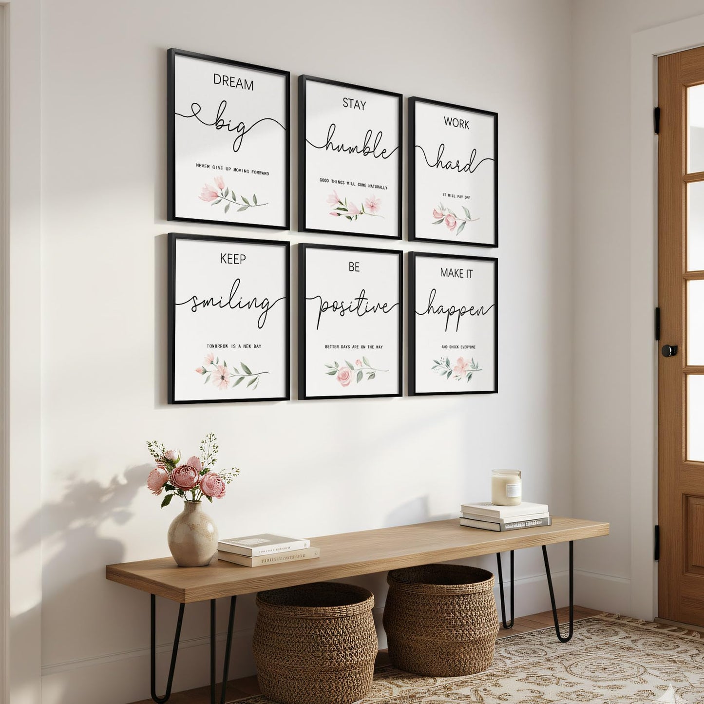 Framed Inspirational Office Wall Art Decor, 6 Piece Modern Motivational Quotes Floral Canvas Prints Artwork for Office Walls, Positive Affirmations Wall Decor for Home, Study Room, 11x14