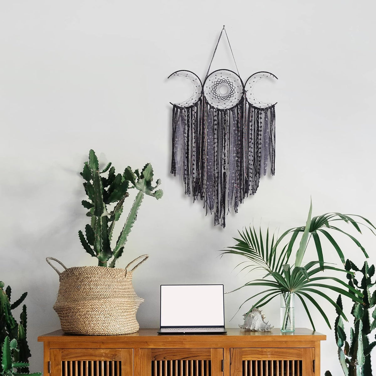 ANROYE Black Triple Moon Goddess Macrame Wall Hanging, Wicca Crescent Dream Catcher for Witch Home, Dreamcatcher for Bedroom Decoration, Pagan Woven Tapestry for Wiccan Adults Decor