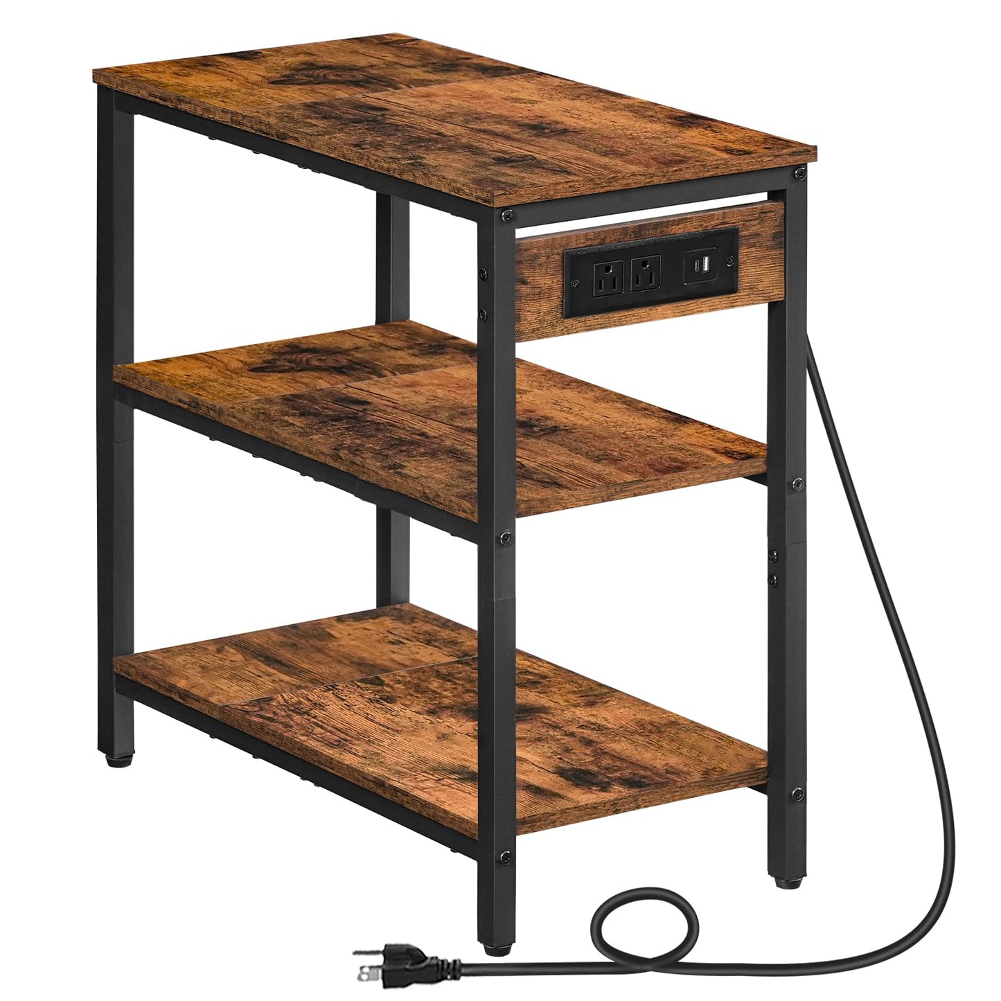 HOOBRO End Table with Charging Station, Simple Rustic Side Table with 3-Tier Storage Shelf, Narrow Nightstand for Small Spaces, for Living Room, Industrial Design, Rustic Brown and Black BF149UBZ01