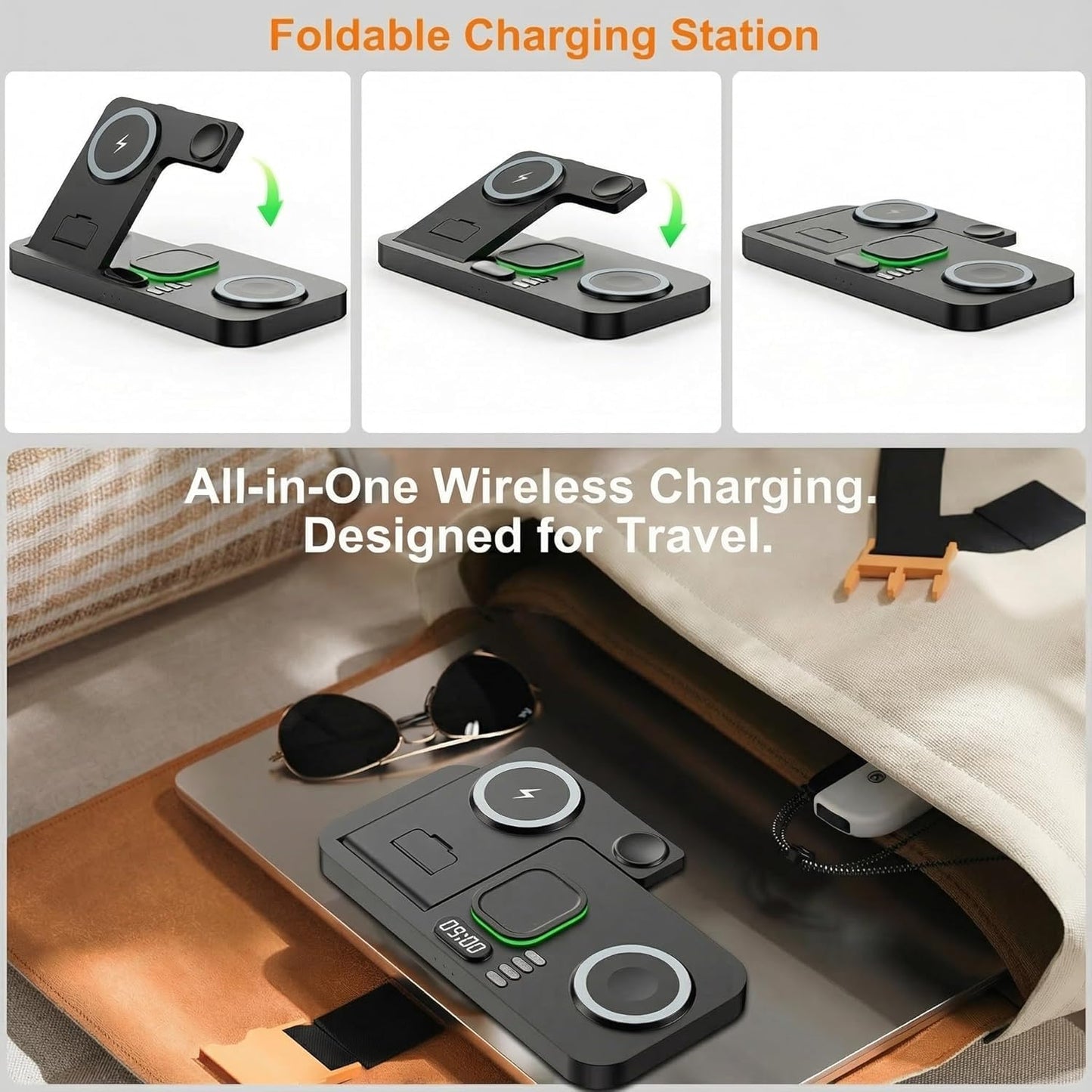 Dual Phone Magnetic Wireless Charging Station for Apple Devices/Apple Ecosystem, 7-Color Auto Light & 12H Clock, Multi-Device Charger for iPhone 17/16/15, for iWatch 11/10/9 & AirPods Pro3(Black