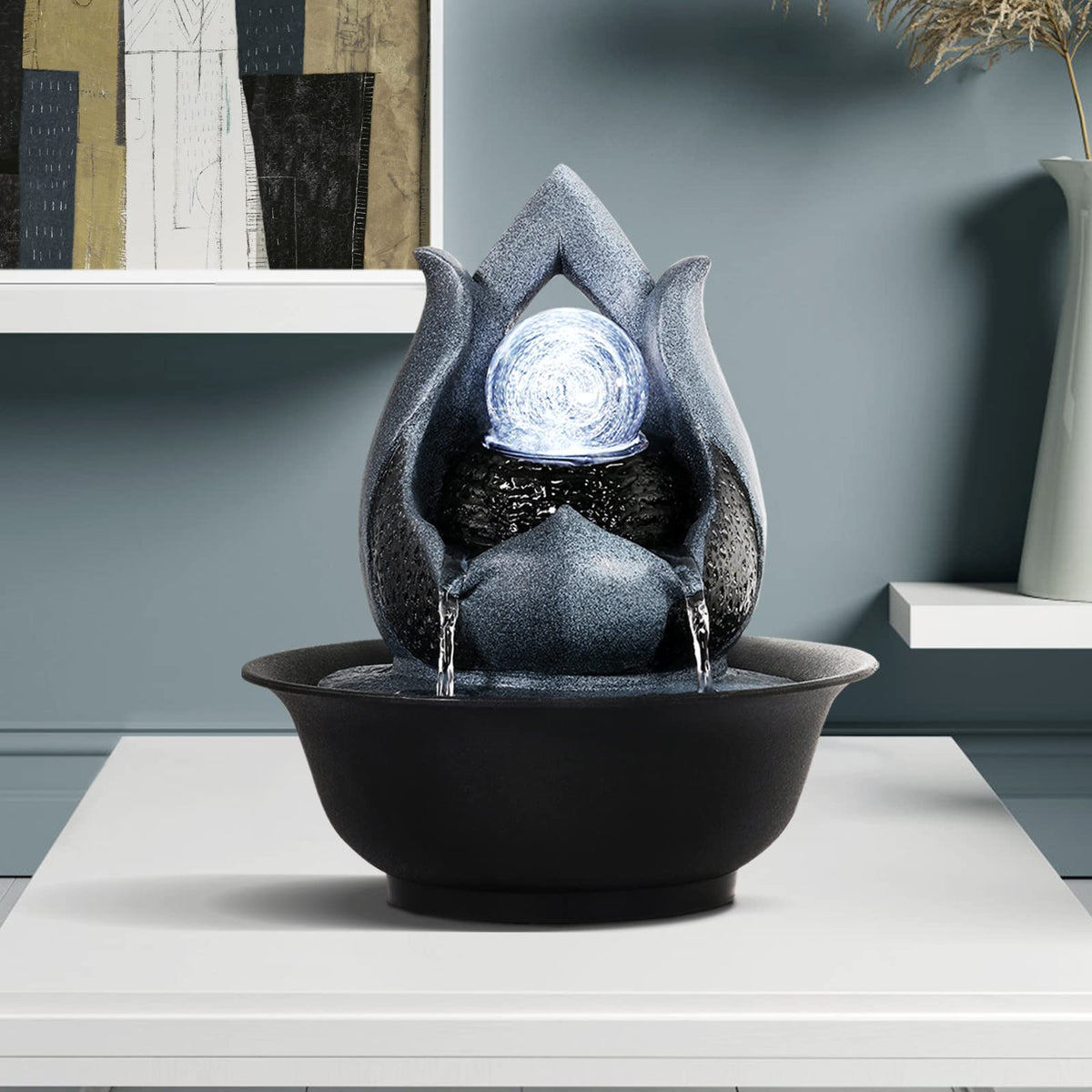 WICHEMI Tabletop Fountain Warer Fountains Indoor Waterfall Fountain Indoor Relaxing Water Feature Meditation Fountains with LED Light for Home Office Bedroom Decor (Style 12)