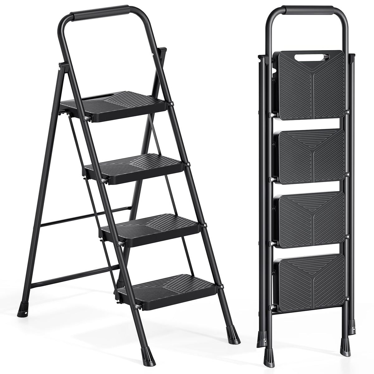 Urackify 4 Step Ladder, Portable Folding Ladder for Multi-Purpose, Home, Kitchen, Heavy Sturdy Steel Step Stool with Handrail, Anti-Slip Wide Pedals, Safe-Lock Design, Pass 500lbs Load Testing, Black