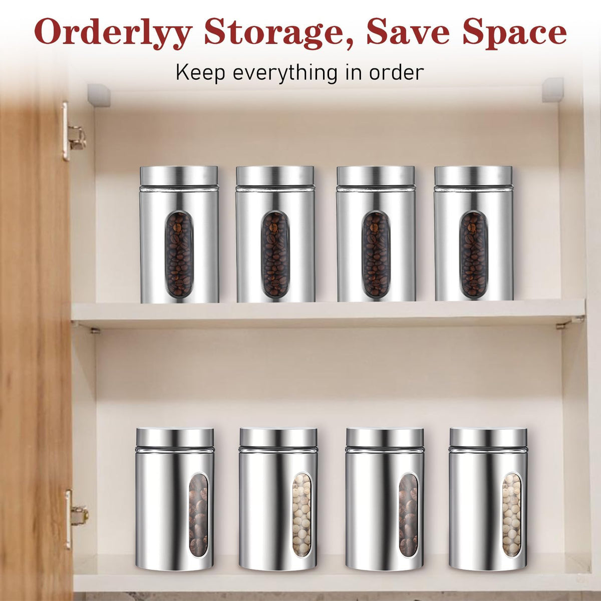 3 Pack Large Kitchen Canisters Set Airtight Coffee Sugar Tea Candy Storage Jars with Window Glass Stainless Steel Containers with Lids for Flour Cookies Spices Grains Kitchen Decorations(32oz)