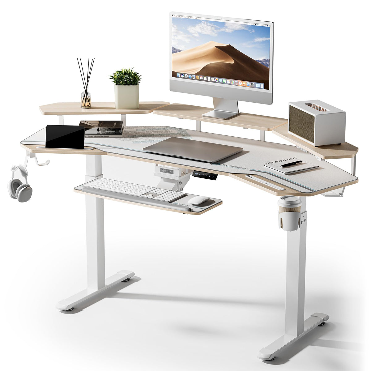 EUREKA ERGONOMIC Standing Desk with Keyboard Tray, Large Music Studio Gaming Desk, Wing Shaped Sit Stand Table 72'', LED Convertible Shelves, Dual Motor&Slot, Maple