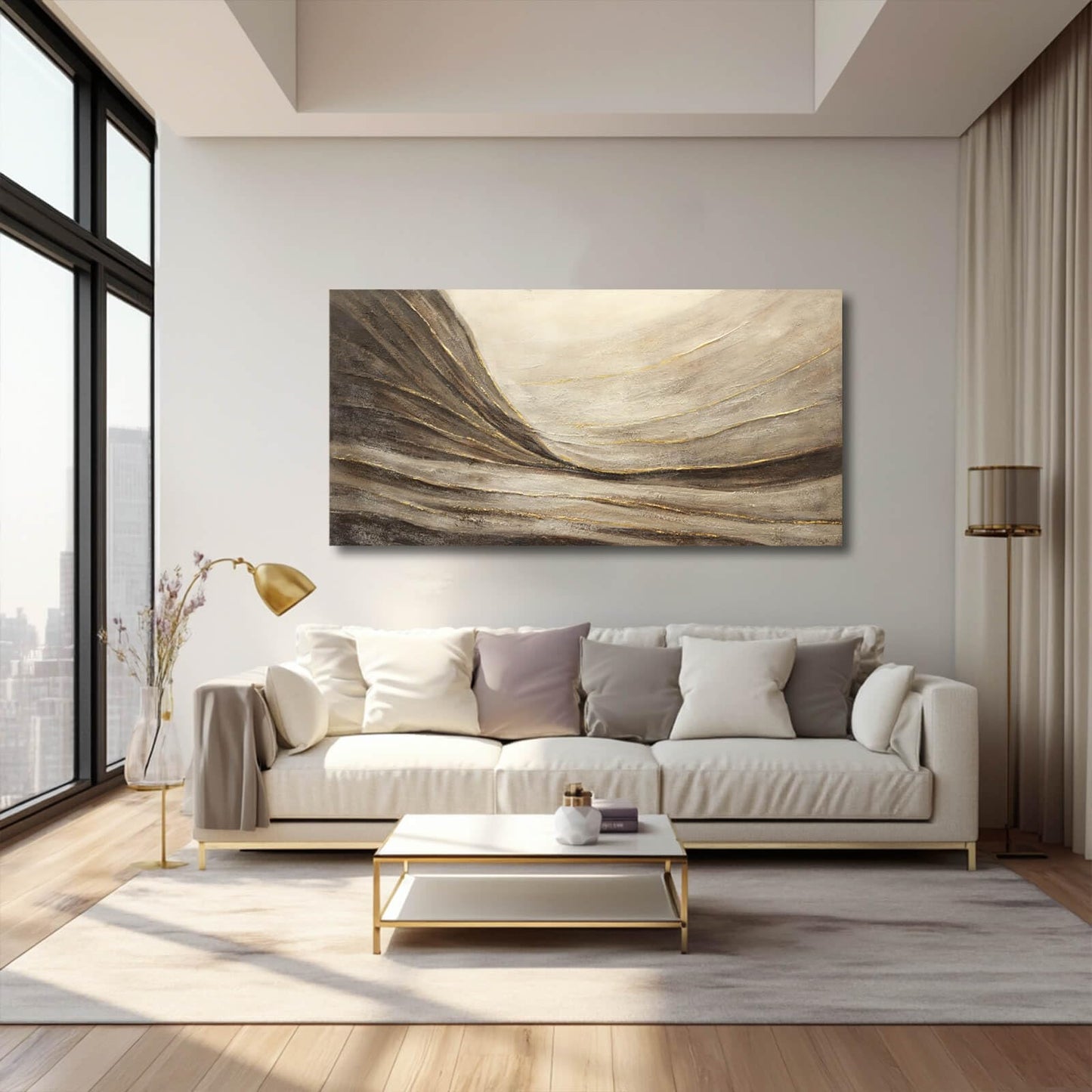 WINKAILIN Brown Wall Decor Abstract Wall Art Gold Line Painting Living Room Wall Decorations Dark Grey Photo Prints for Kitchen 24x48 Inch Textured Wall Art