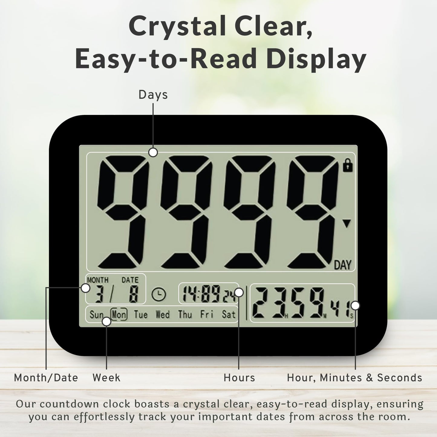 Countables 9999 Days Countdown Clock - Reusable Count Down Timer - Large Display LCD Digital Timer - Visual Countdown Clock and Calendar for Retirement, Wedding, Birthday, Holiday & More (Black)