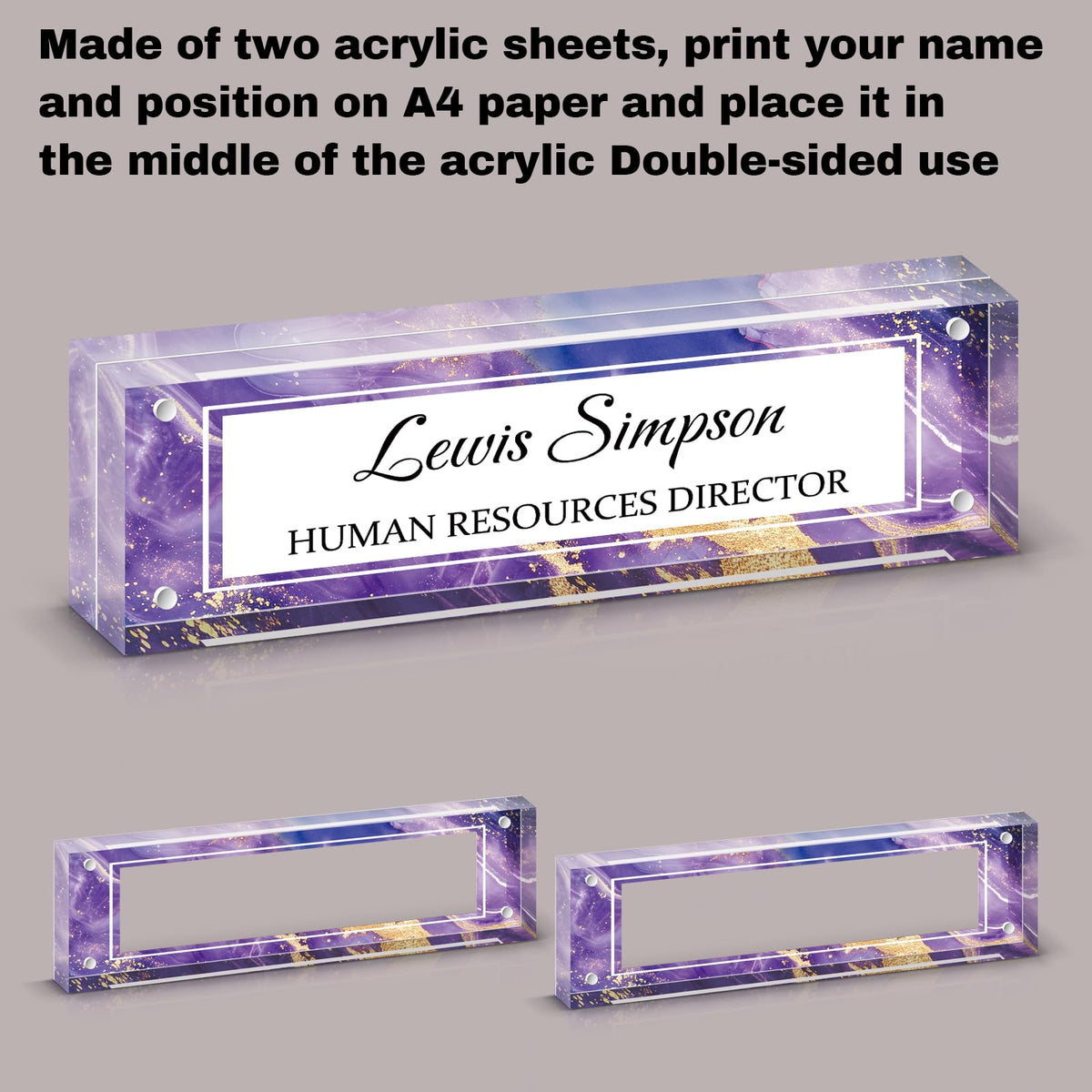 HETOOSHI Desk Name Plate Personalized, Desk Double sided pattern Name Plate Personalized Office Desk Decor for Women and Men , Teacher Nurse Boss Employee Appreciation Gifts (Purple marble, fixed pattern)