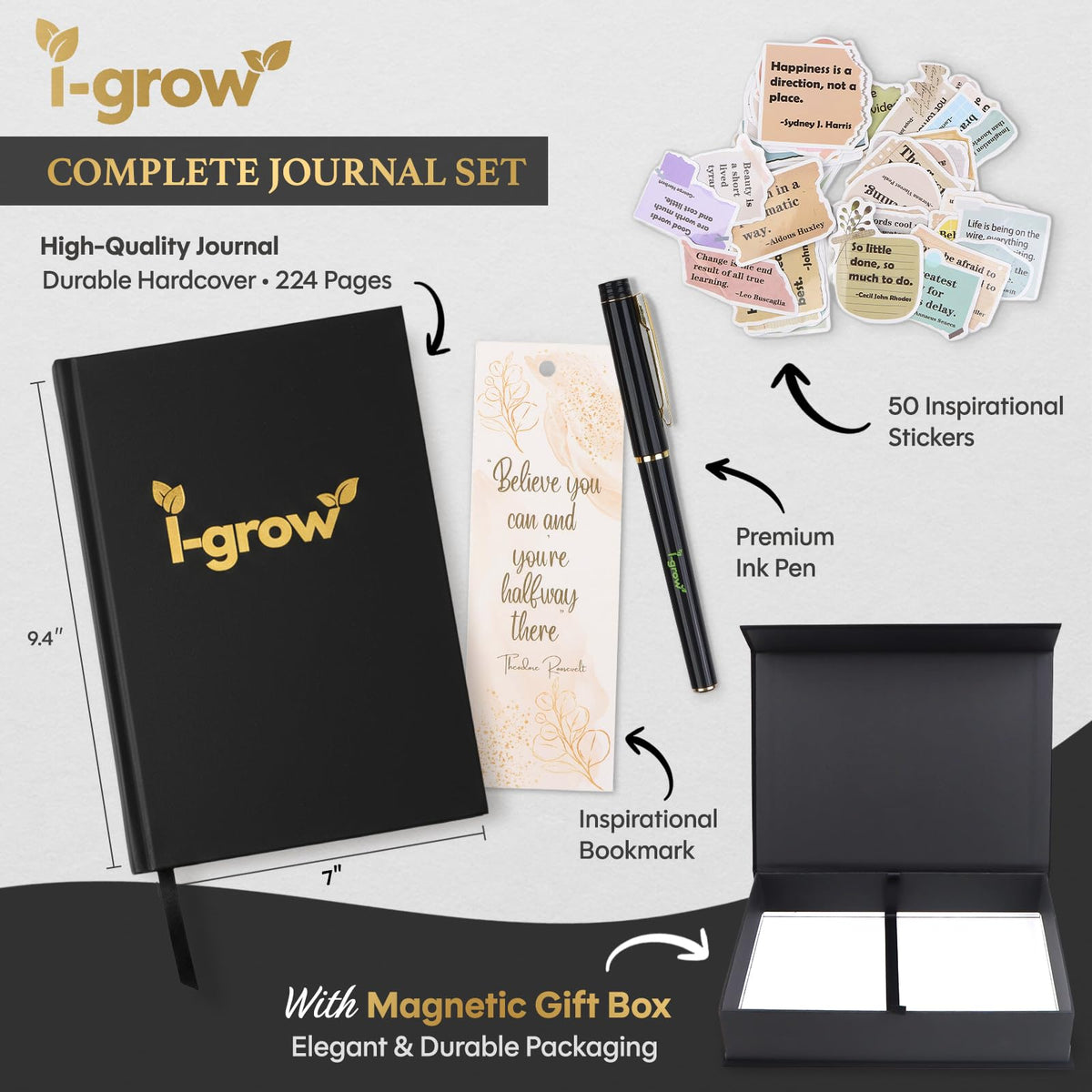 Gratitude Journal for Men & Women (Black) - A5 Hardcover Daily Prompt Journal with Gift Box & Pen - 5 Minute Practice for Mindfulness, Success & Productivity - Includes Stickers & Bookmark - 2026 Gift Set